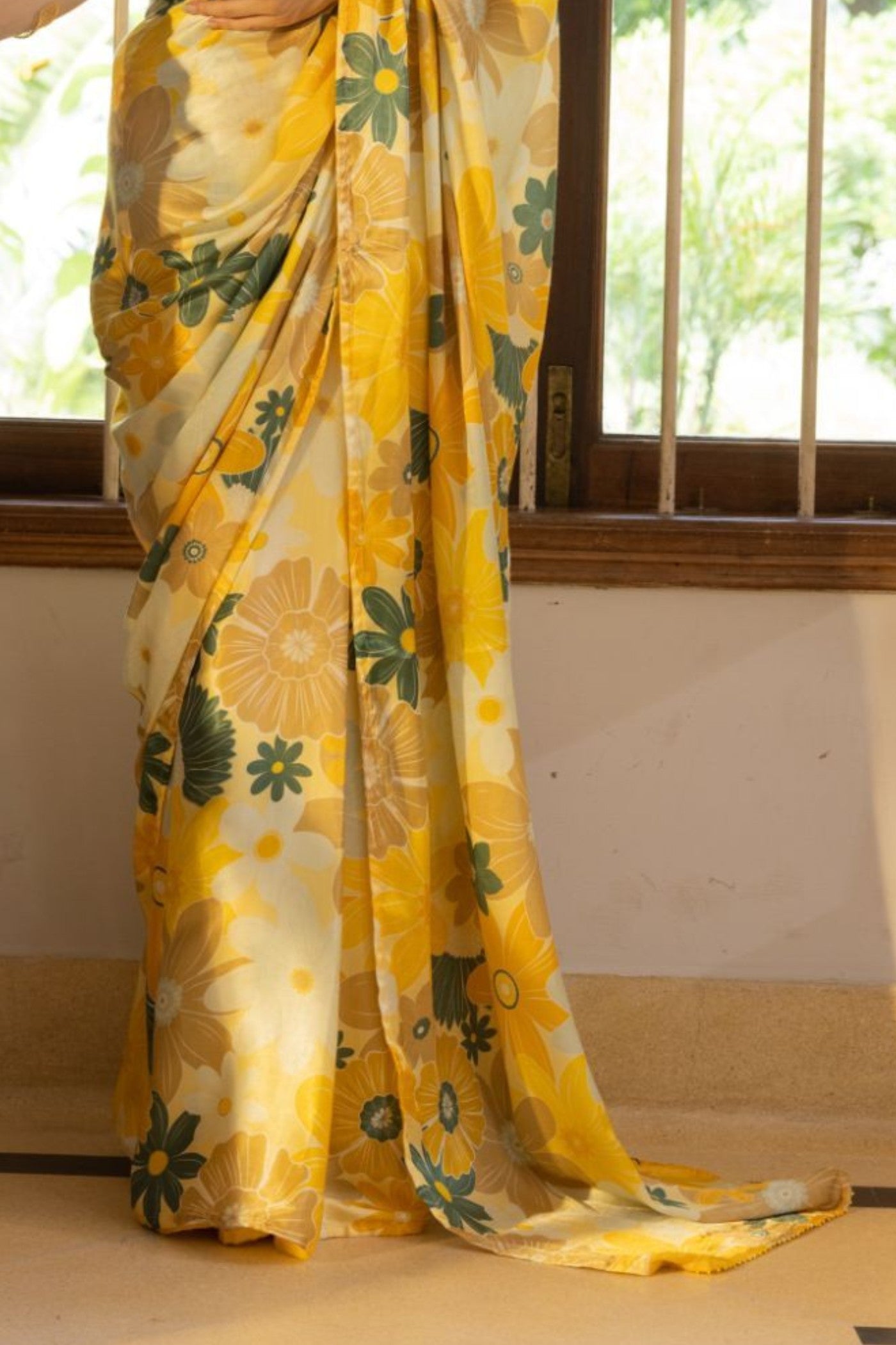 Buy MySilkLove Flaxen Yellow Floral Printed Satin Silk Saree Online
