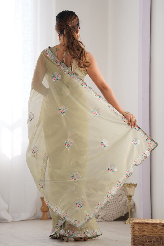 Buy MySilkLove Pale Goldenrod Green Partywear Net saree Online