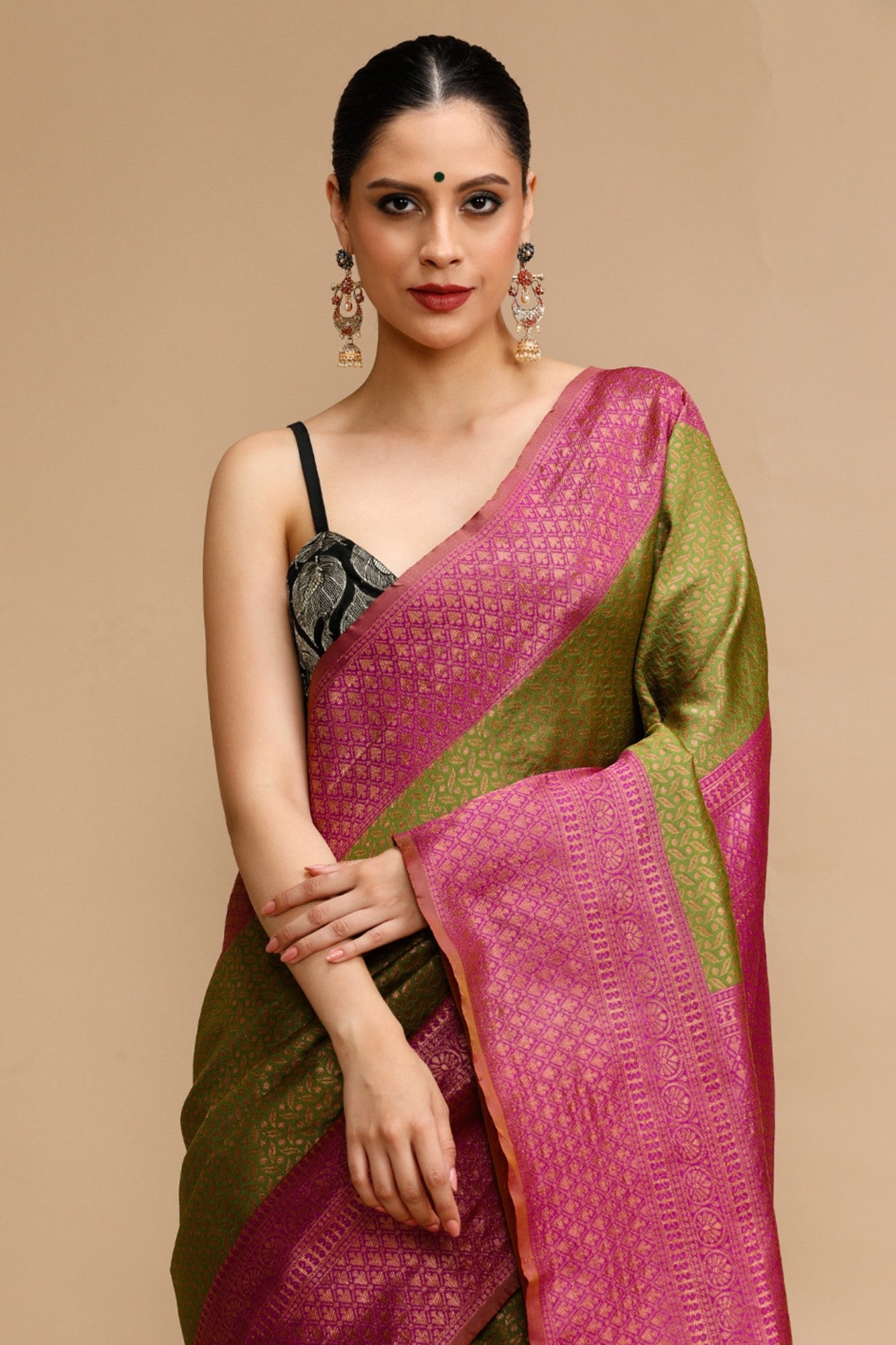 Buy MySilkLove Sheen Green and Pink Woven Jacquard Lichi Silk Saree Online