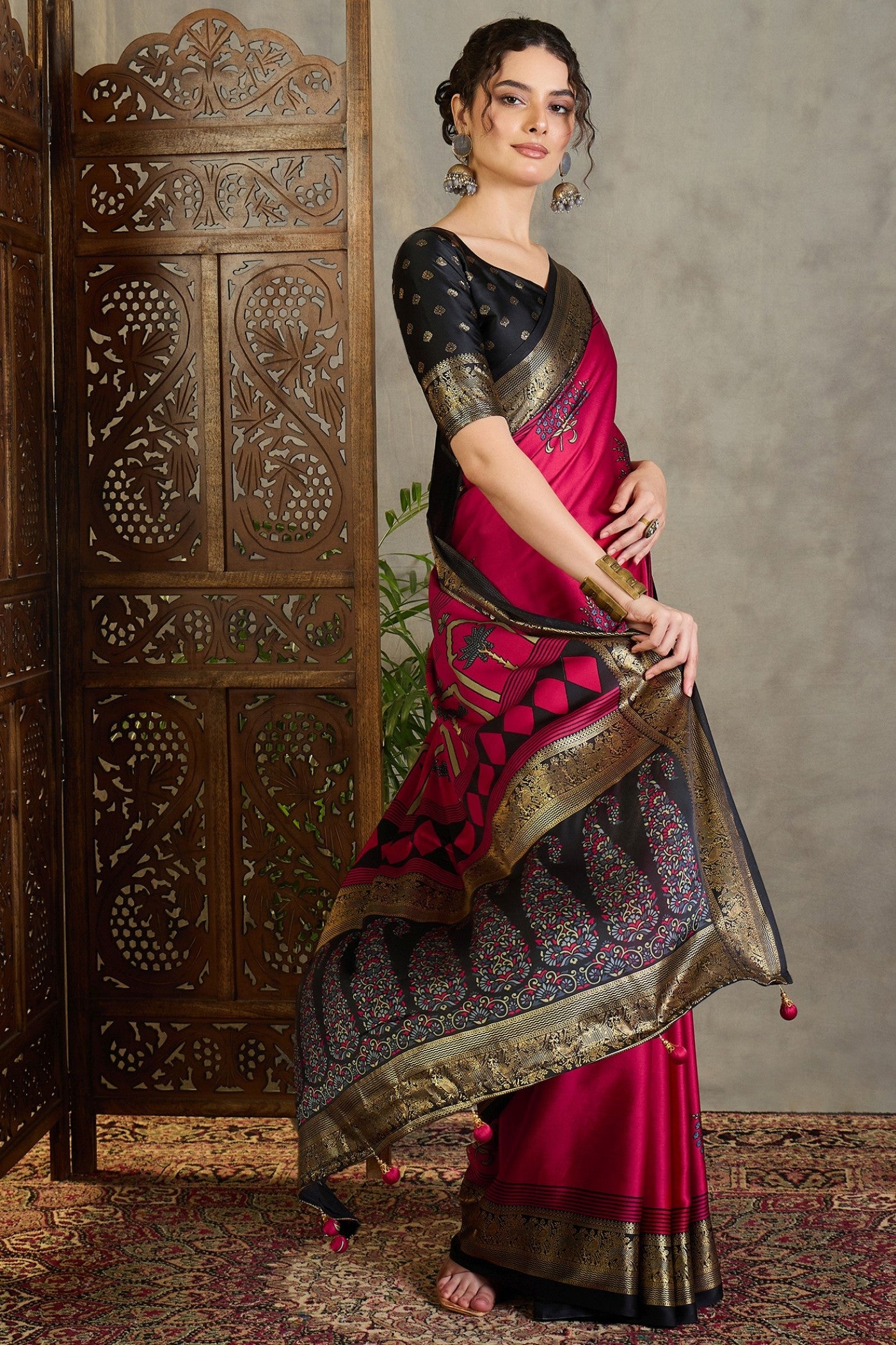 Buy MySilkLove Auburn Red and Black Printed Satin Crepe Silk Saree Online