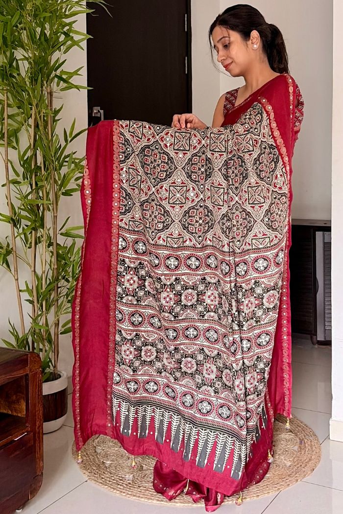 Buy MySilkLove Beige Red and Red Modal Ajrakh Satin Printed Mirror Work Saree Online