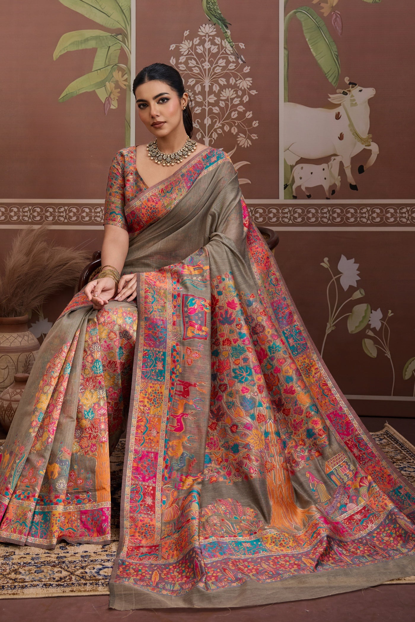 Buy MySilkLove Russet Brown Kashmiri Handllom Jamewar Saree Online