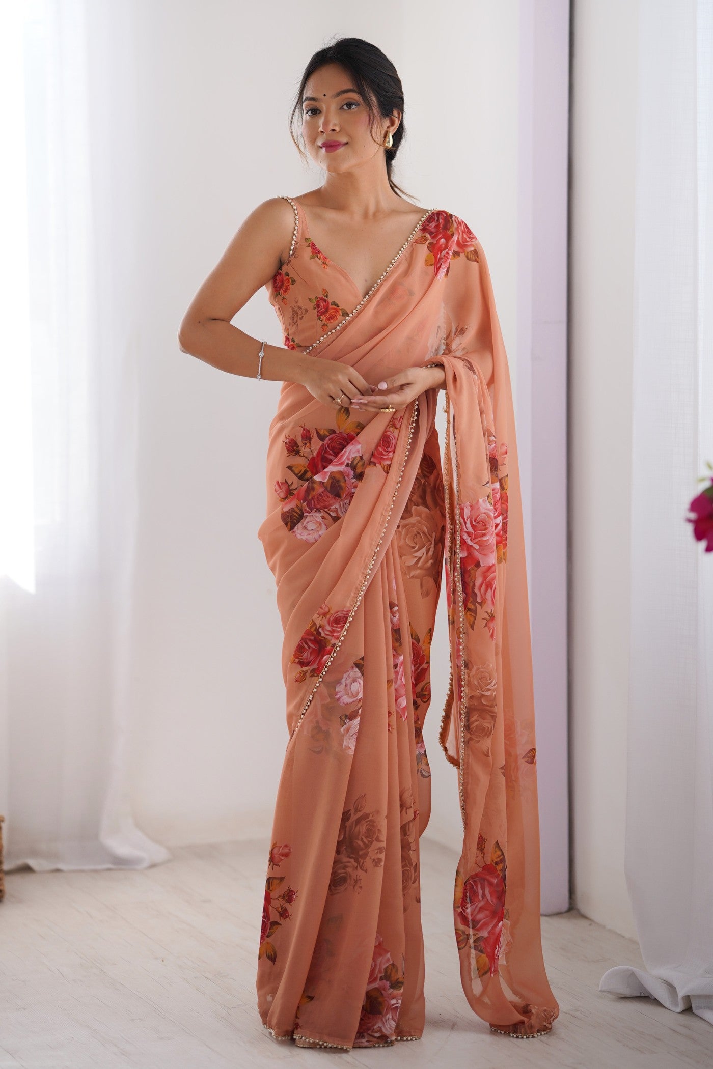 Buy MySilkLove Gerbera Peach Printed Georgette Saree Online