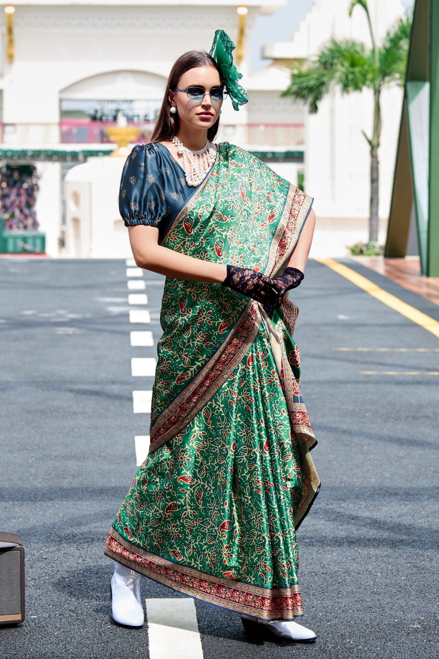 Buy MySilkLove Hunter Green Ajrakh Printed Satin Crepe Silk Saree Online