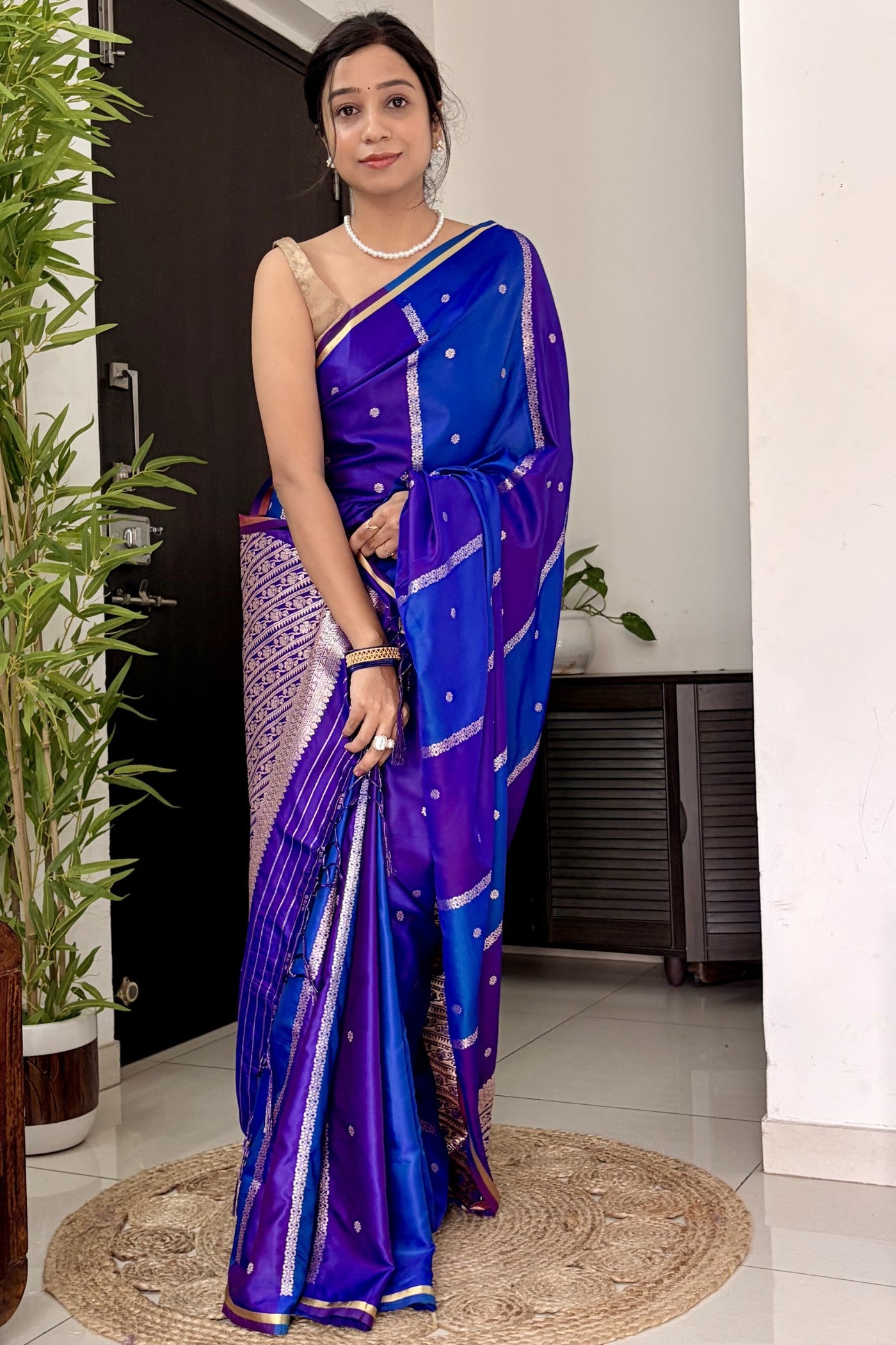 Buy MySilkLove Dark Blue Handloom Rangkat Banarasi Satin Silk Saree Online
