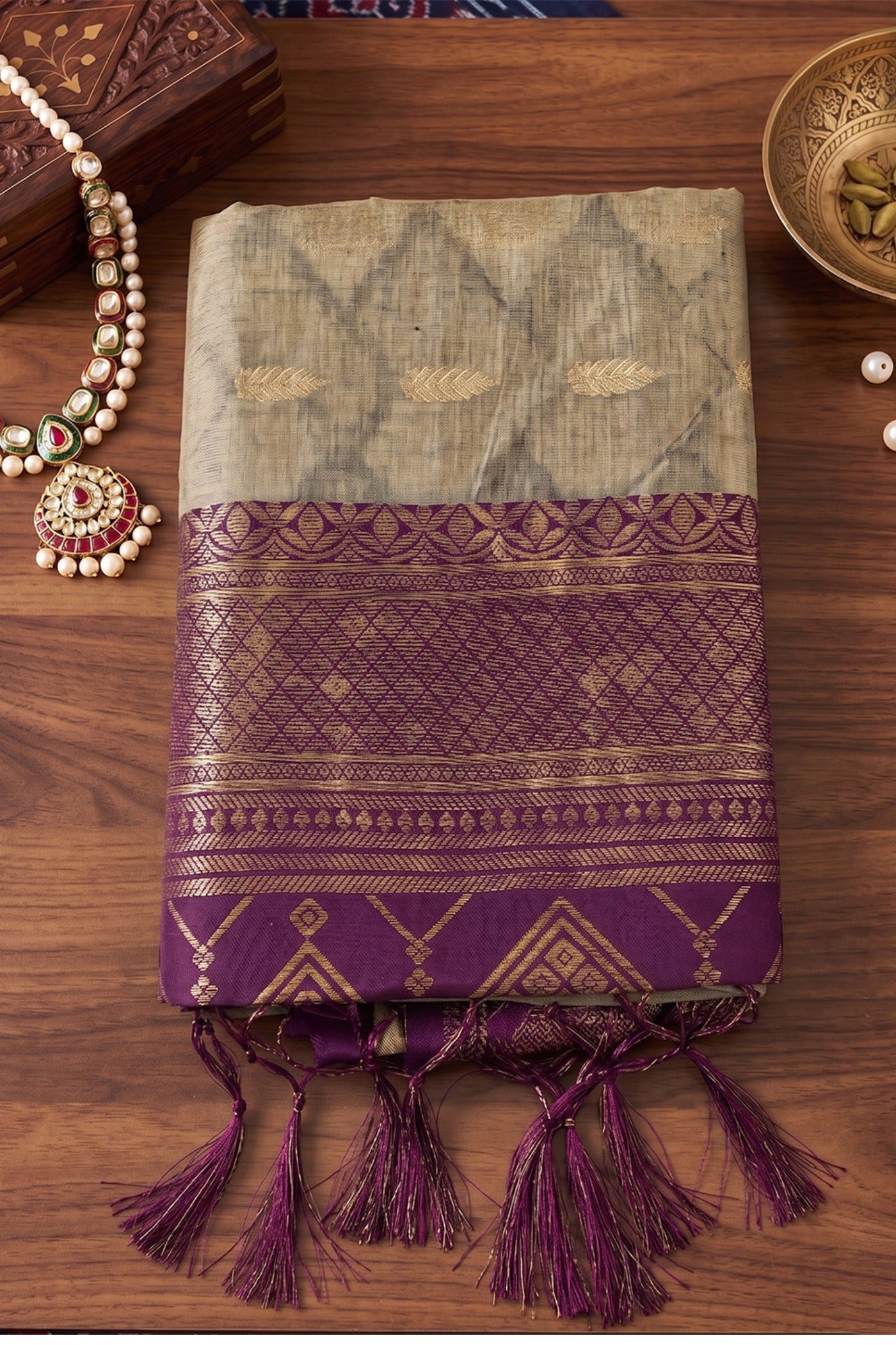 Buy MySilkLove Antique Cream and Purple Woven Banarasi Cotton Saree Online
