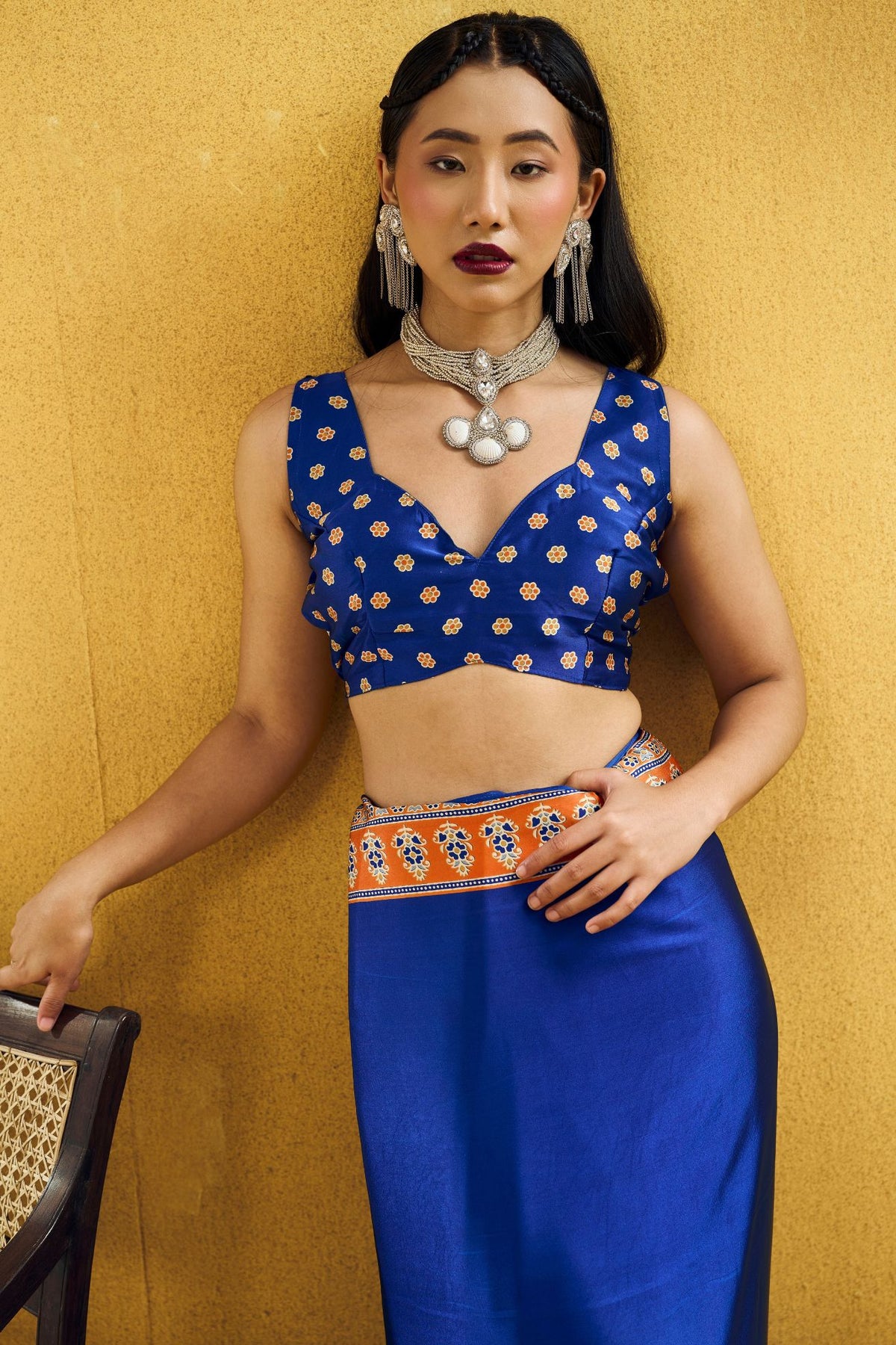 Buy MySilkLove Royal Blue Modal Ajrakh Satin Printed Silk Saree Online