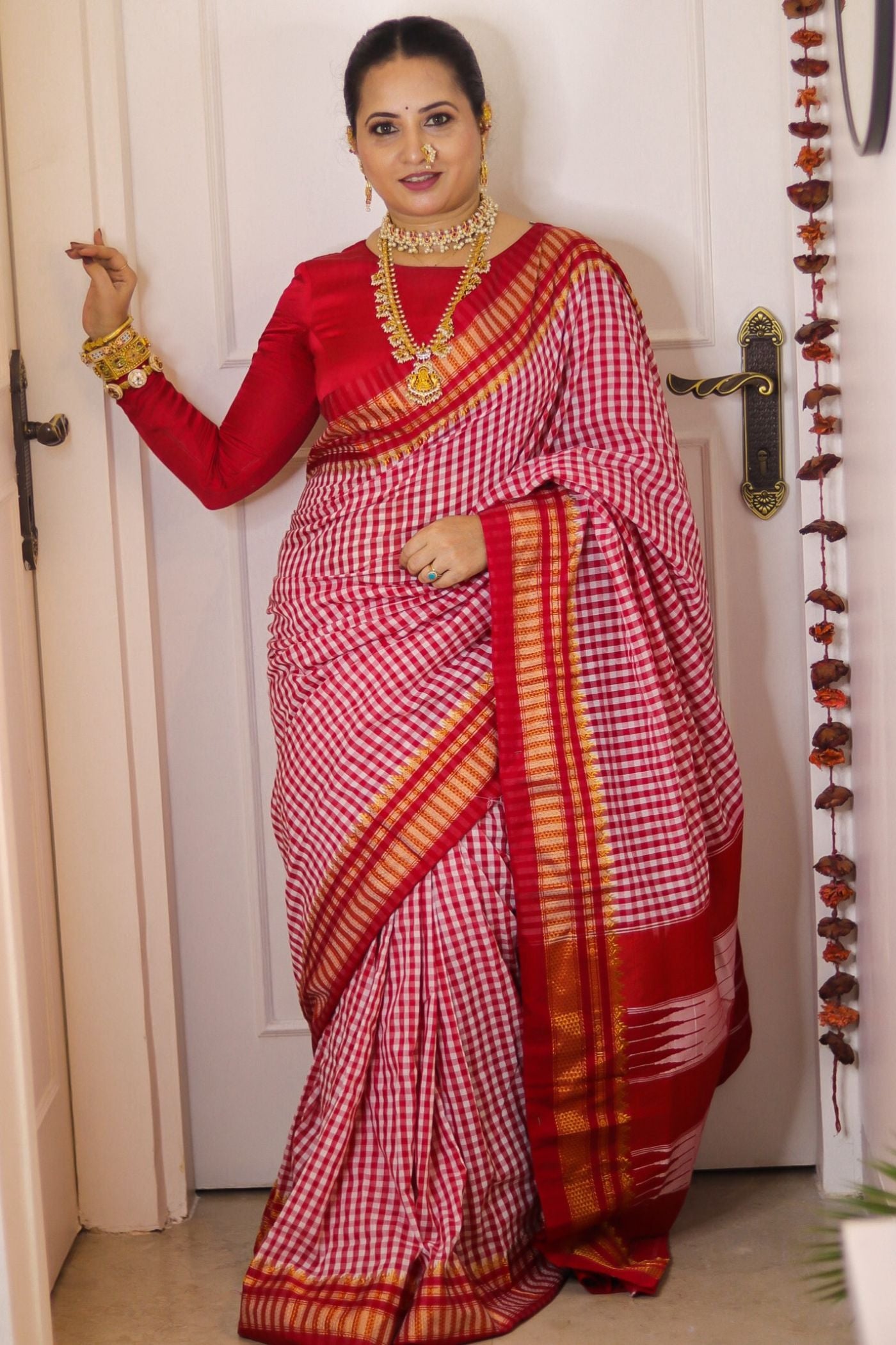 Buy MySilkLove Cherry Red Checks Pattern Pure Silk Irkal Saree Online