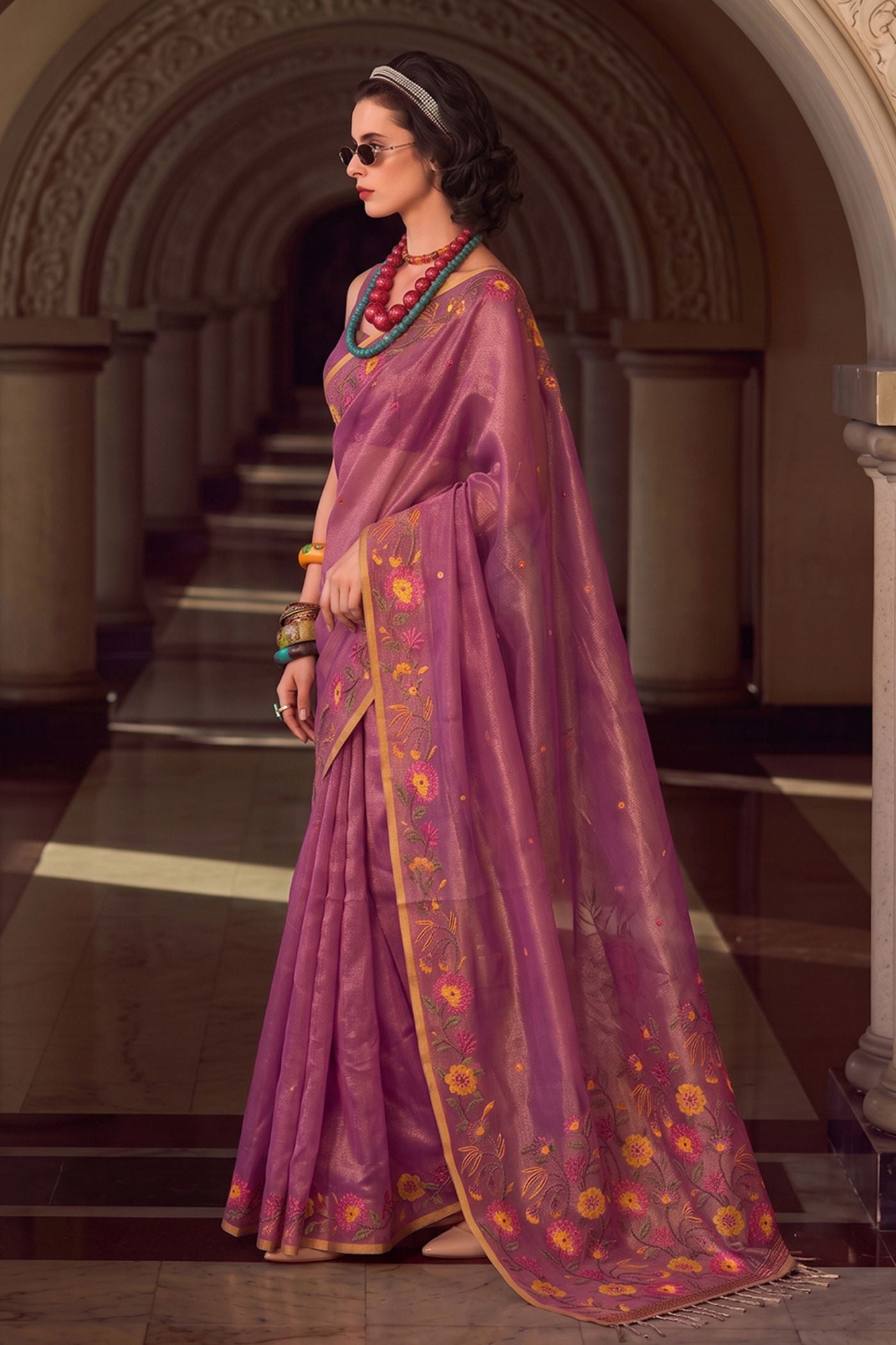 Buy MySilkLove Magenta Pink Woven Floral Tissue Saree Online