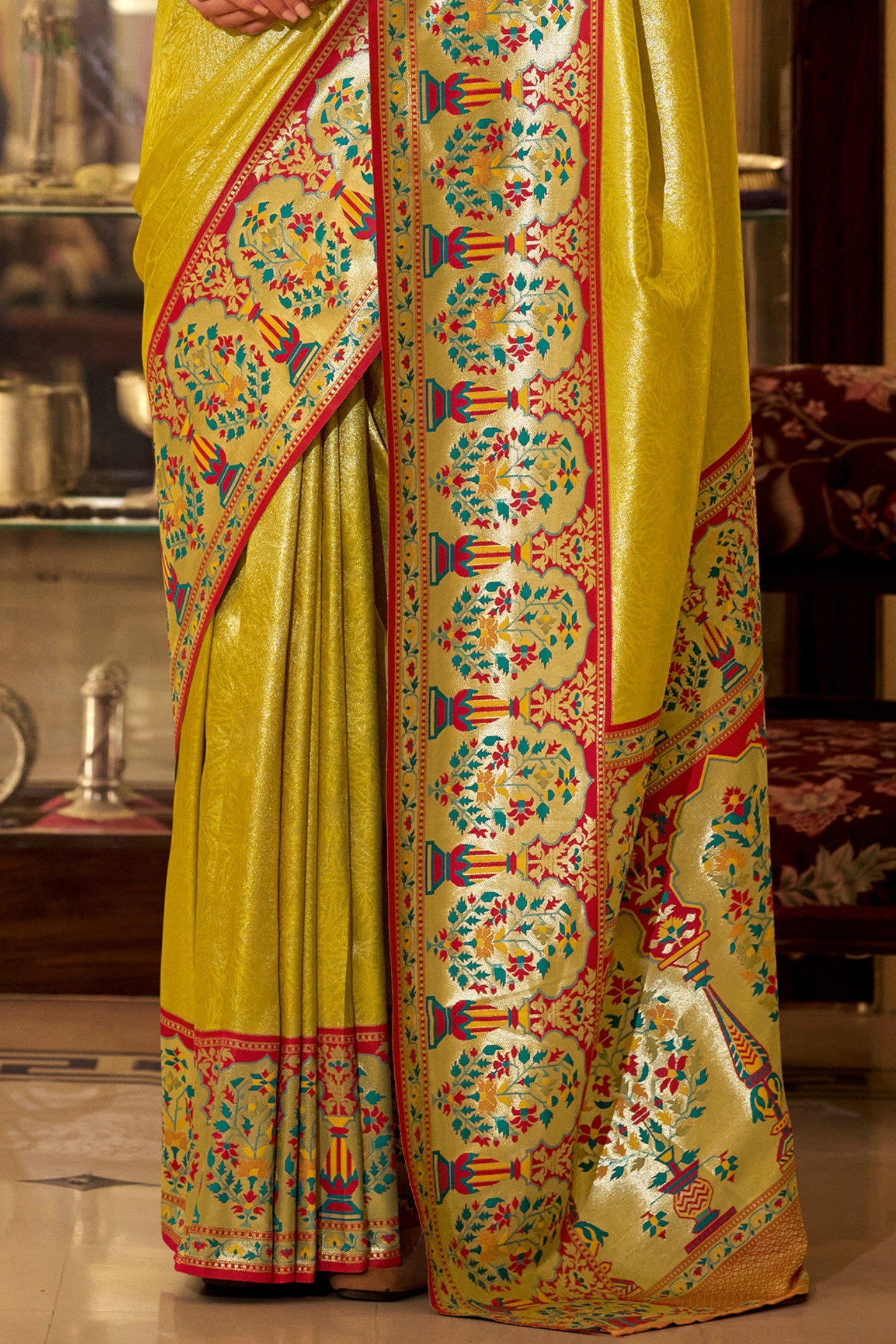 Buy MySilkLove Marigold Yellow Woven Tissue Silk Saree Online