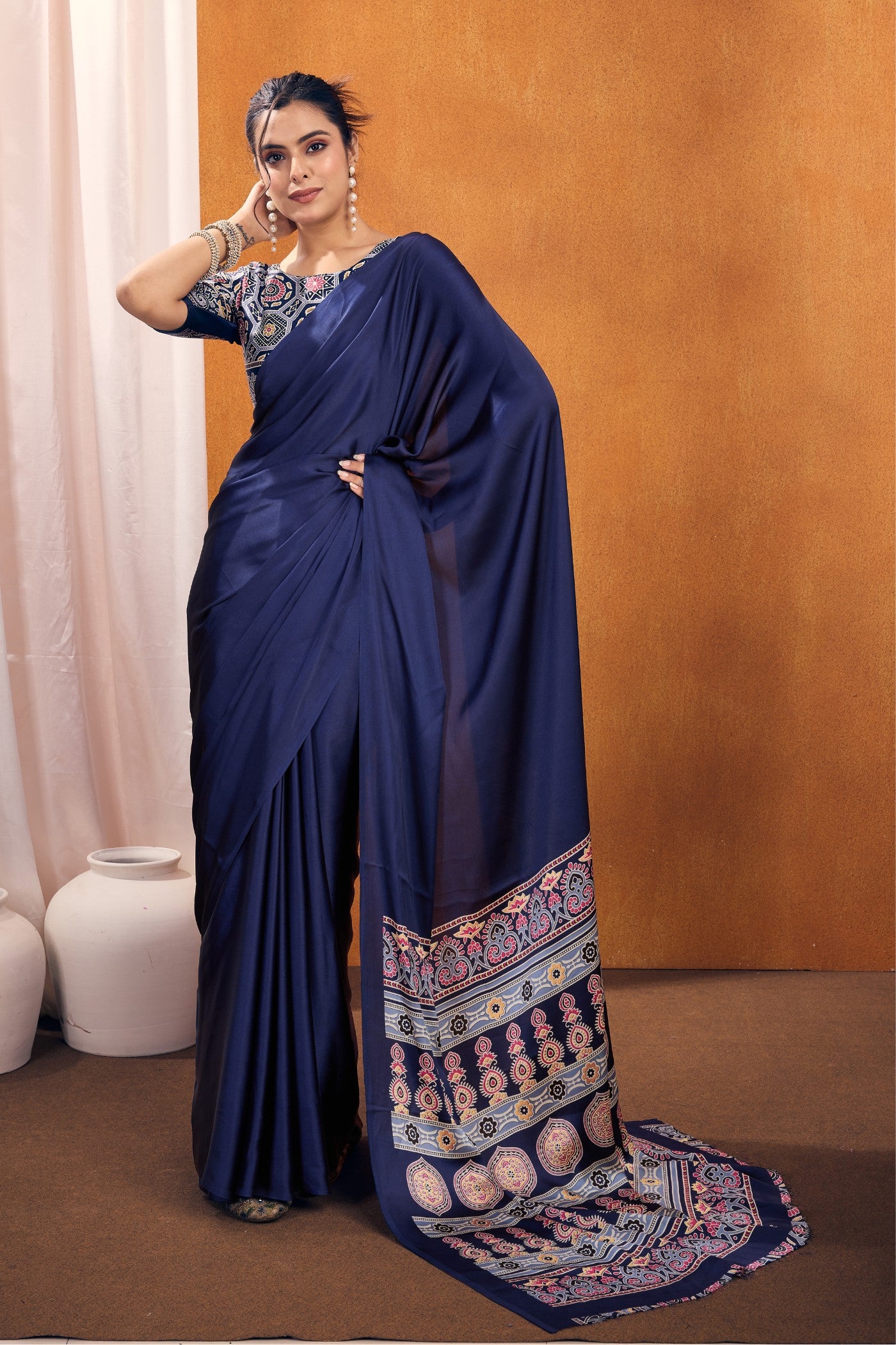 Buy MySilkLove Bluebells Ajrakh Printed Satin Crepe Silk Saree Online