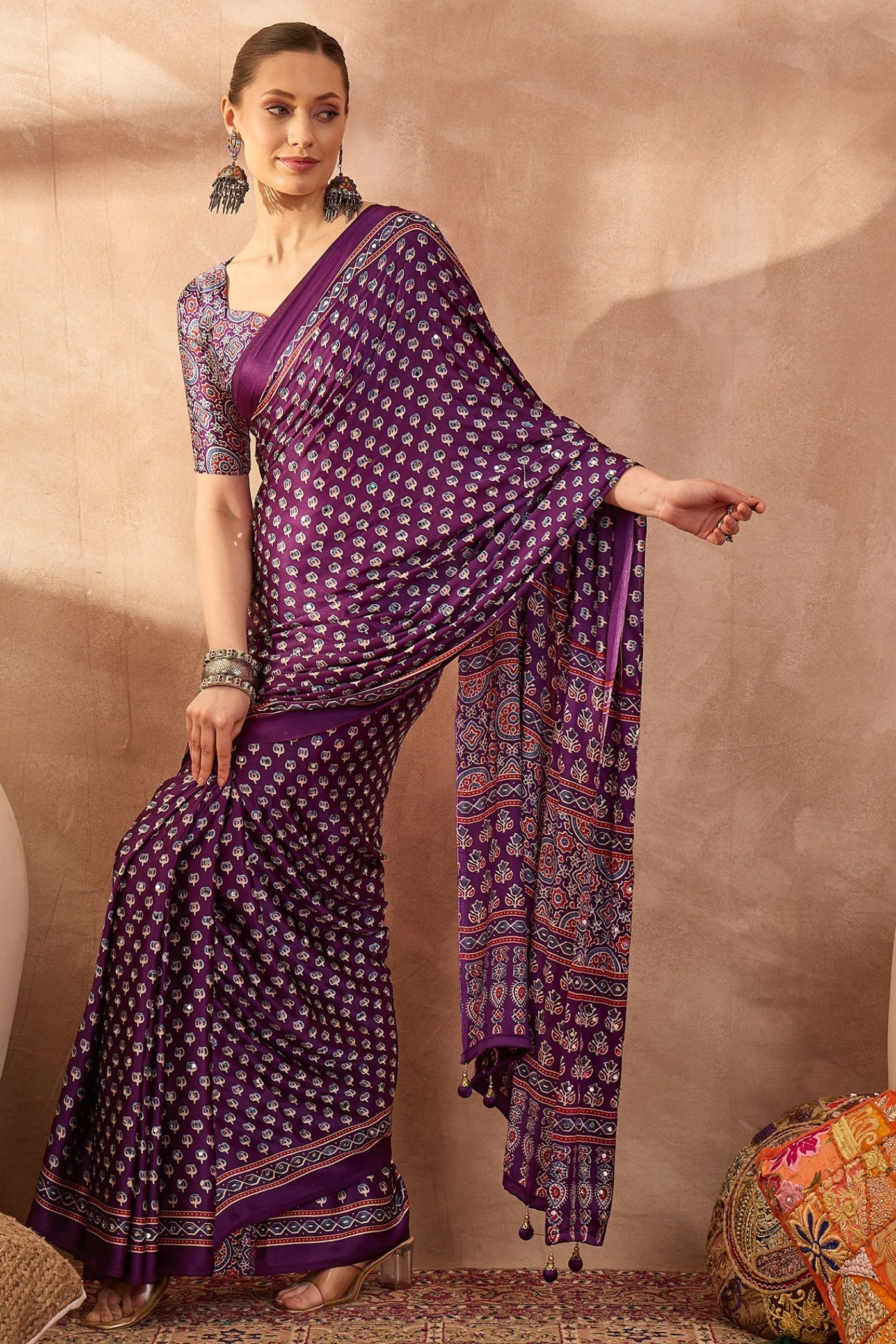Buy MySilkLove Fuchsia Purple Modal Ajrakh Satin Printed Silk Saree Online