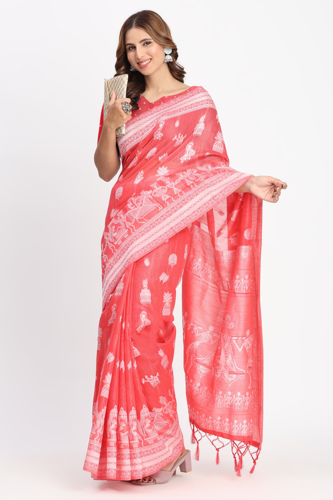 Buy MySilkLove Basin Peach Woven Linen Cotton Saree Online