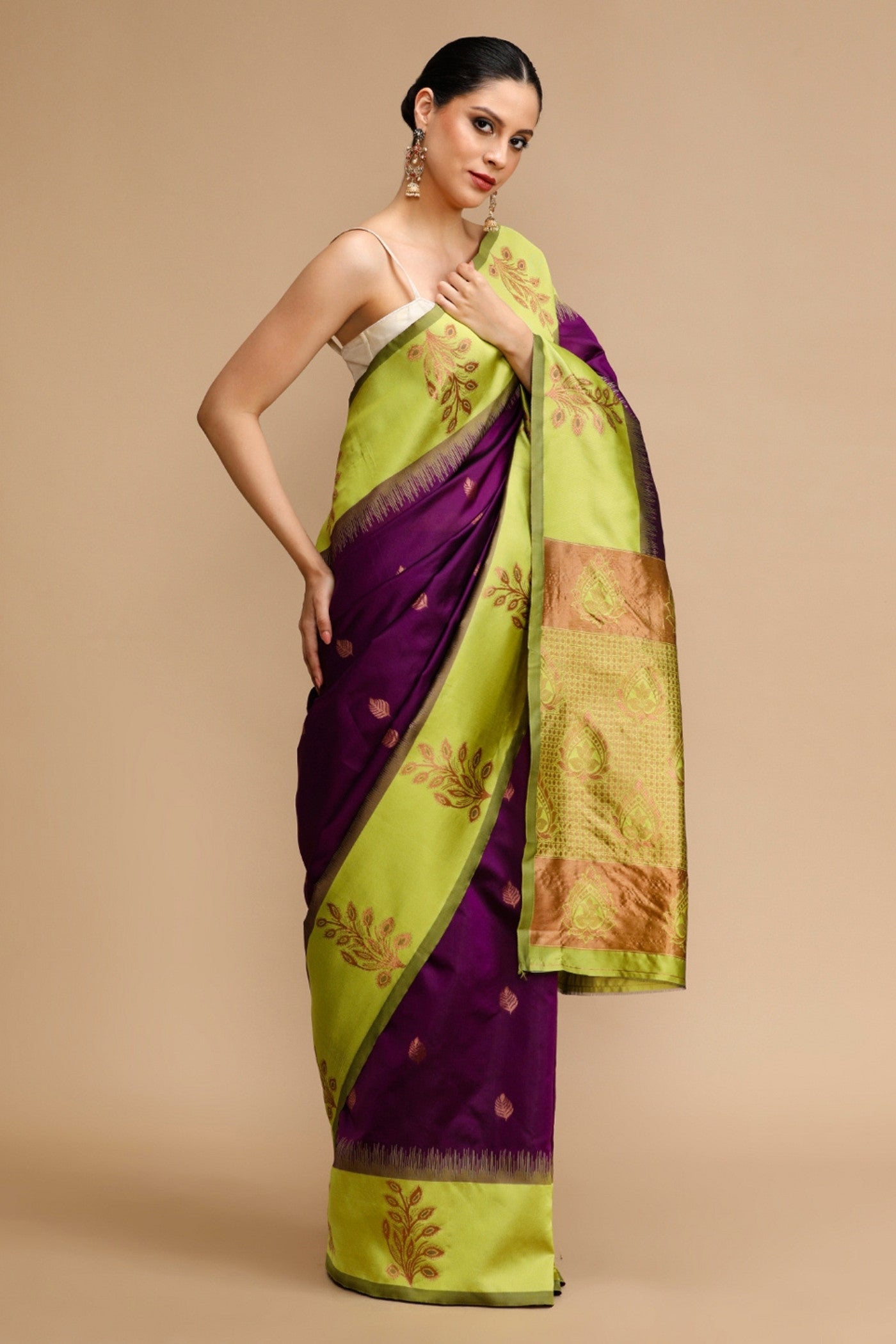 Buy MySilkLove Wine Purple and Green Woven Jacquard Lichi Silk Saree Online