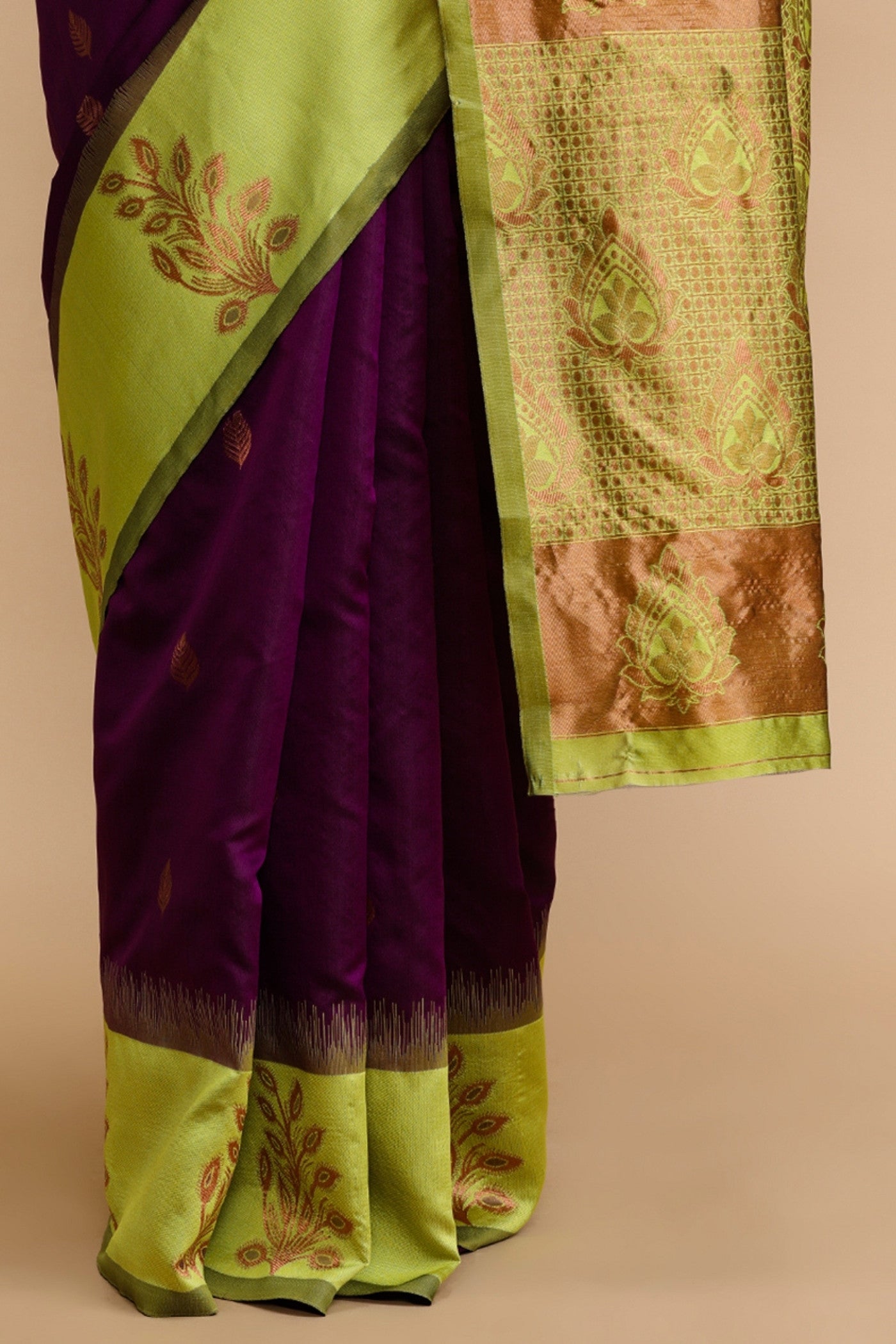 Buy MySilkLove Wine Purple and Green Woven Jacquard Lichi Silk Saree Online