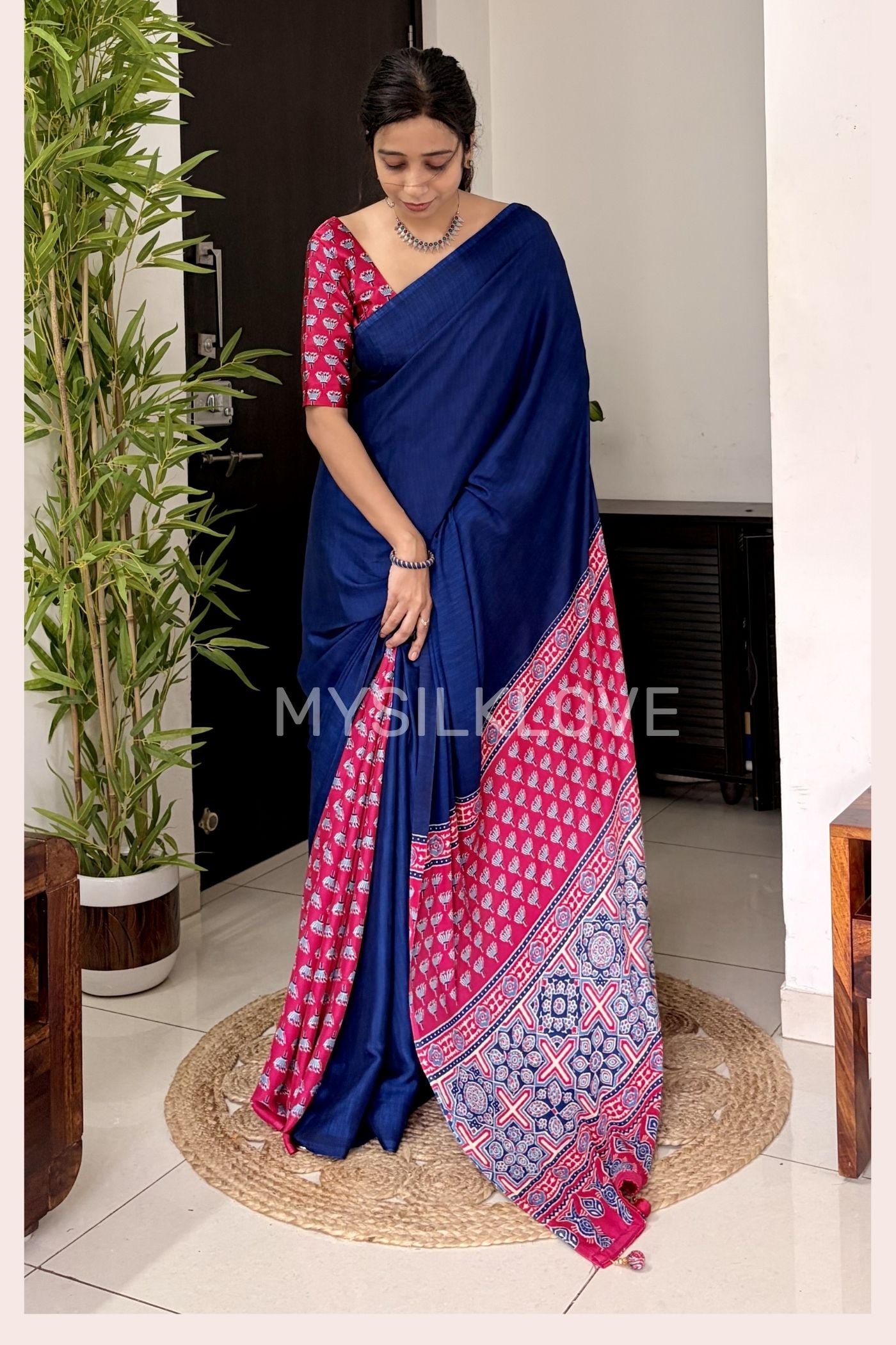 Buy MySilkLove Starlit Blue and Pink Ajrakh Printed Satin Crepe Silk Saree Online