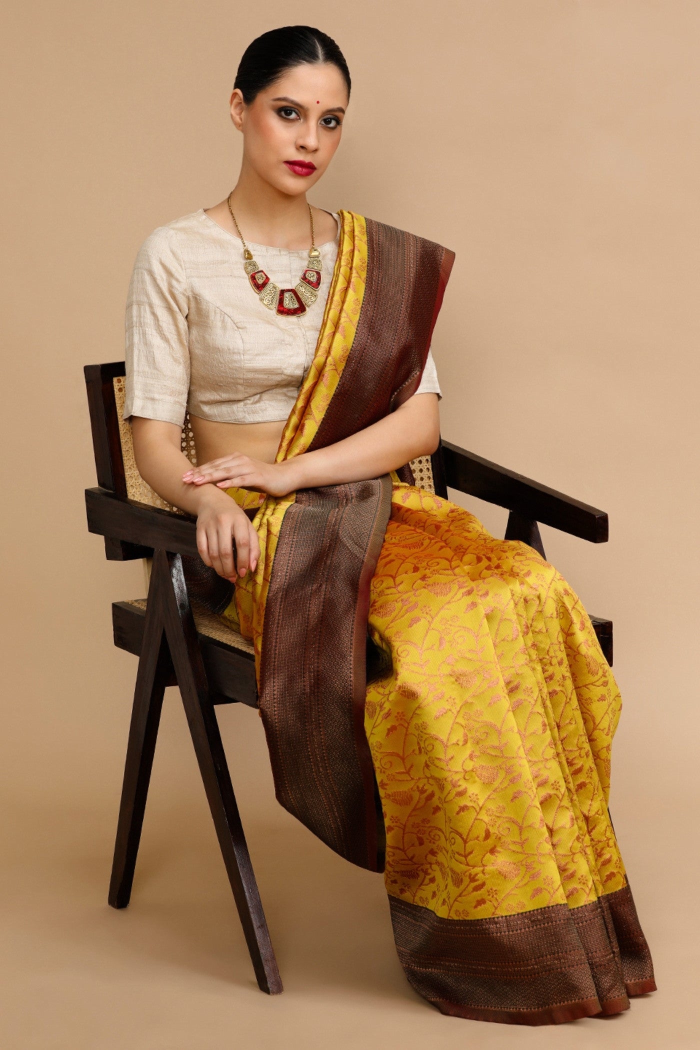 Buy MySilkLove Imperial Yellow Woven Jacquard Lichi Silk Saree Online