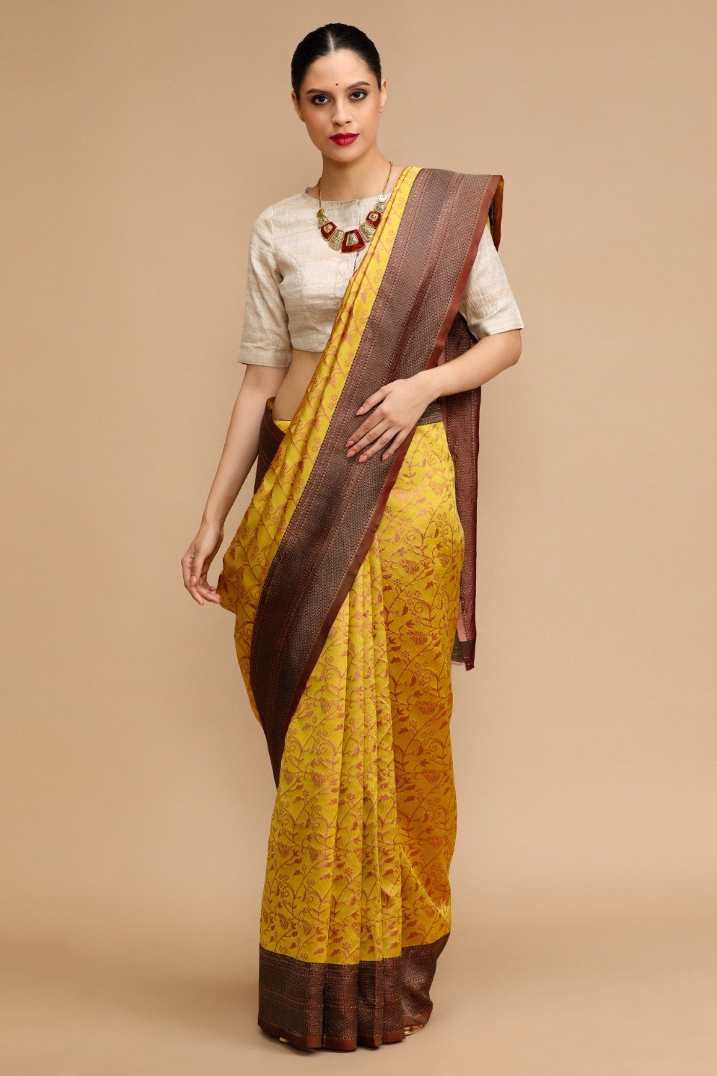 Buy MySilkLove Imperial Yellow Woven Jacquard Lichi Silk Saree Online