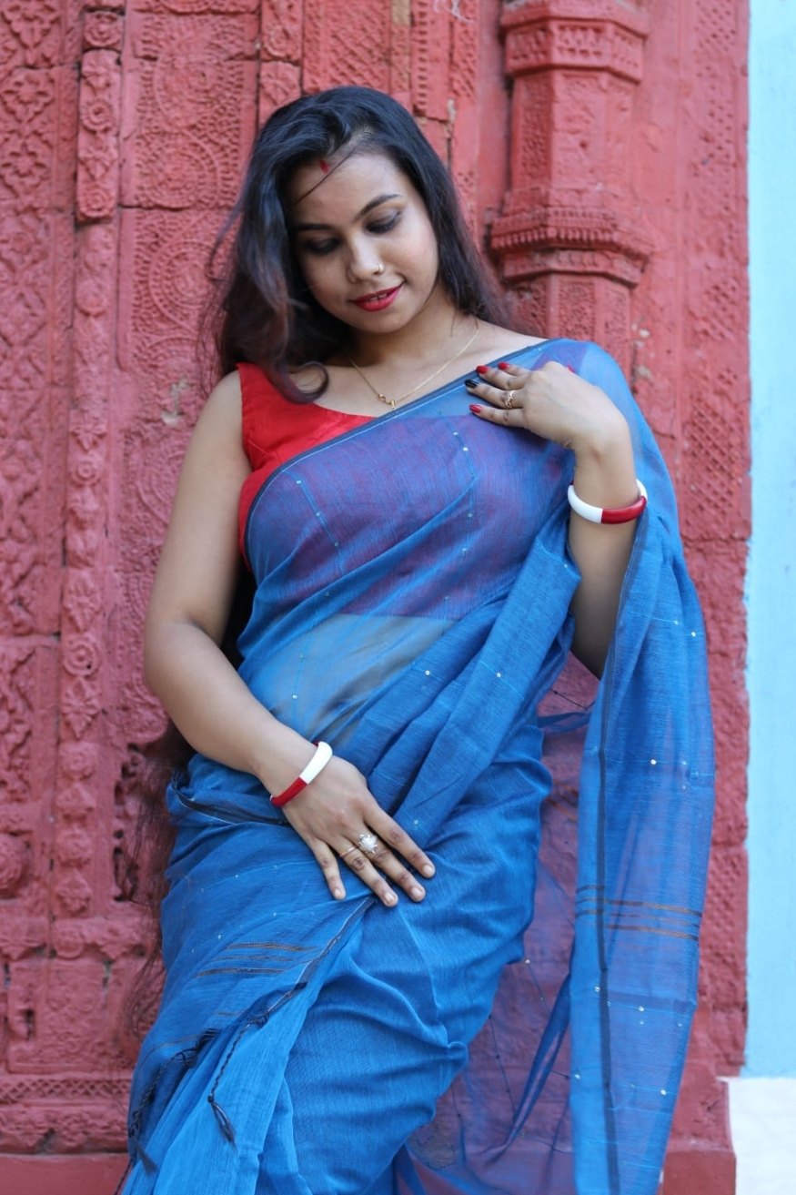 Buy MySilkLove Bondi Blue Cotton Sequence Chumki Saree Online