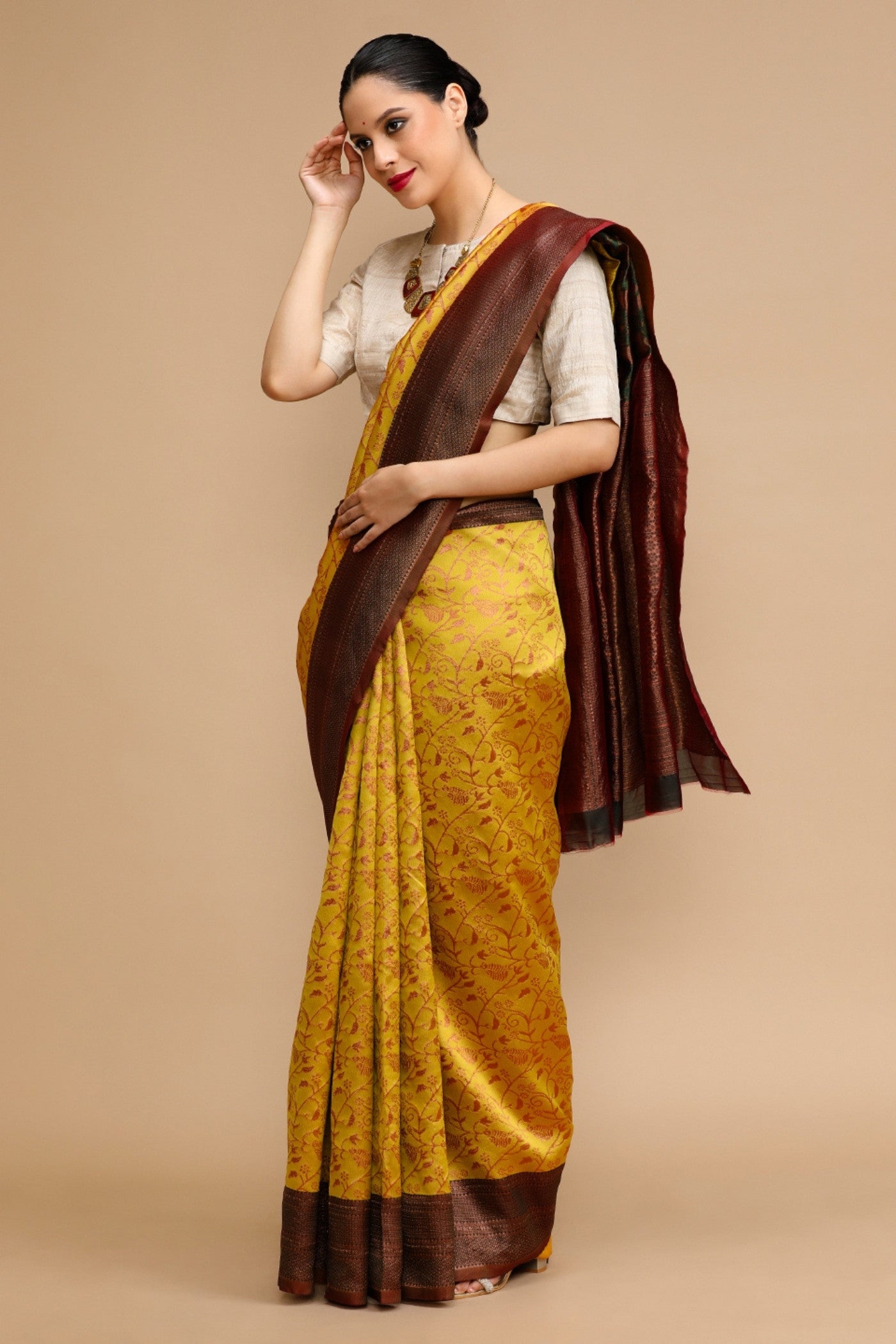 Buy MySilkLove Imperial Yellow Woven Jacquard Lichi Silk Saree Online