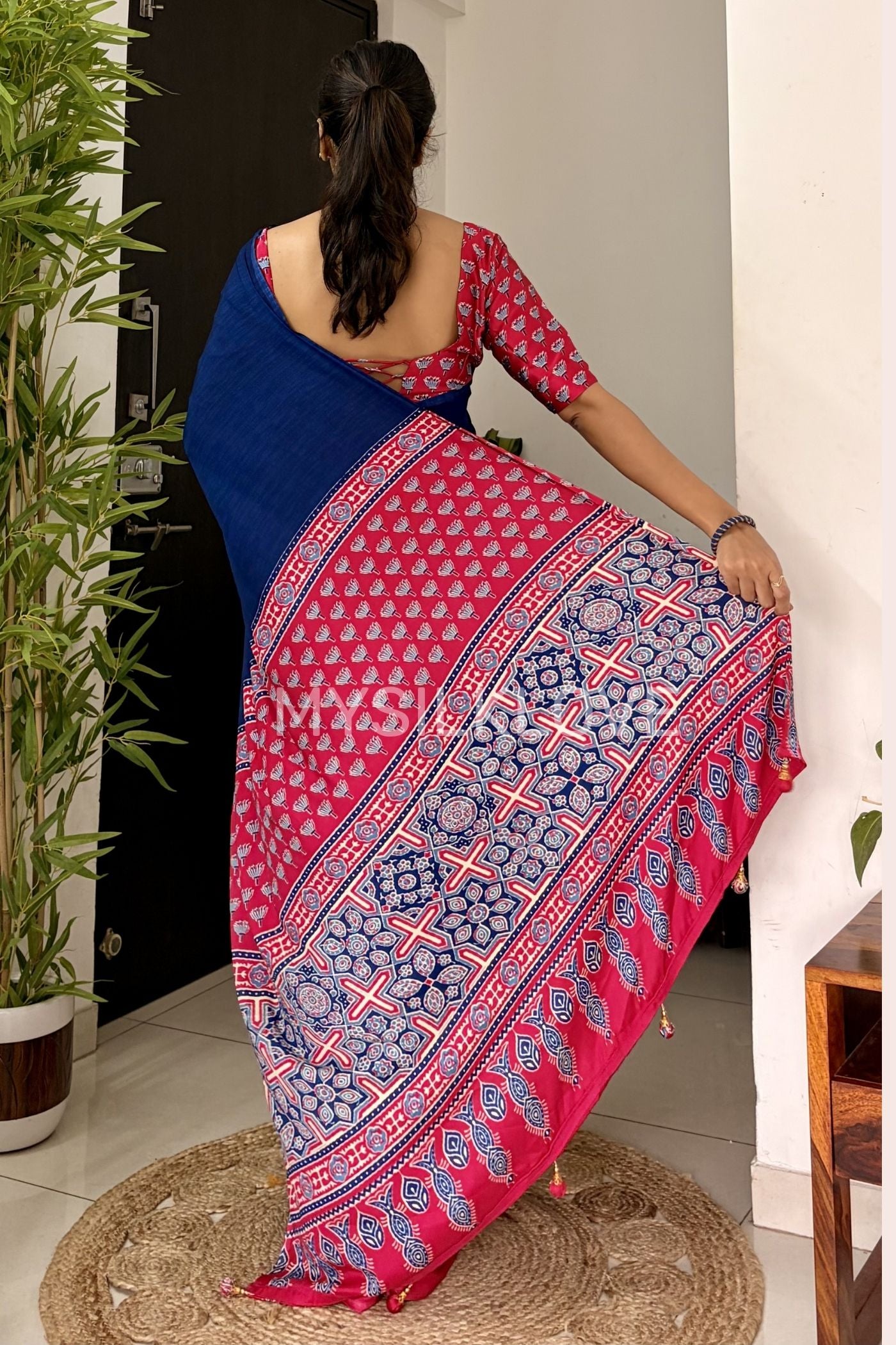 Buy MySilkLove Starlit Blue and Pink Ajrakh Printed Satin Crepe Silk Saree Online