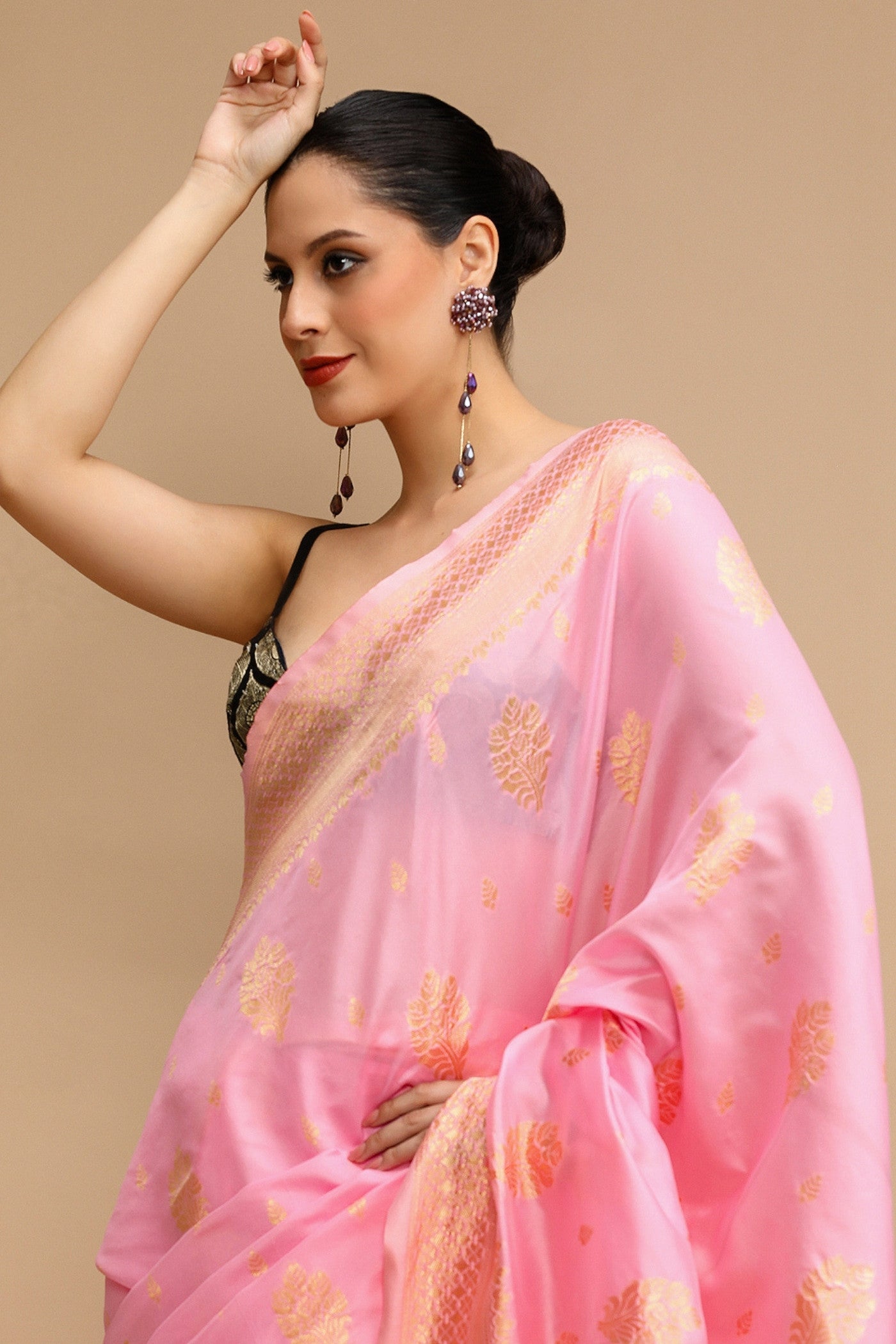 Buy MySilkLove Foxy Pink Woven Jacquard Lichi Silk Saree Online