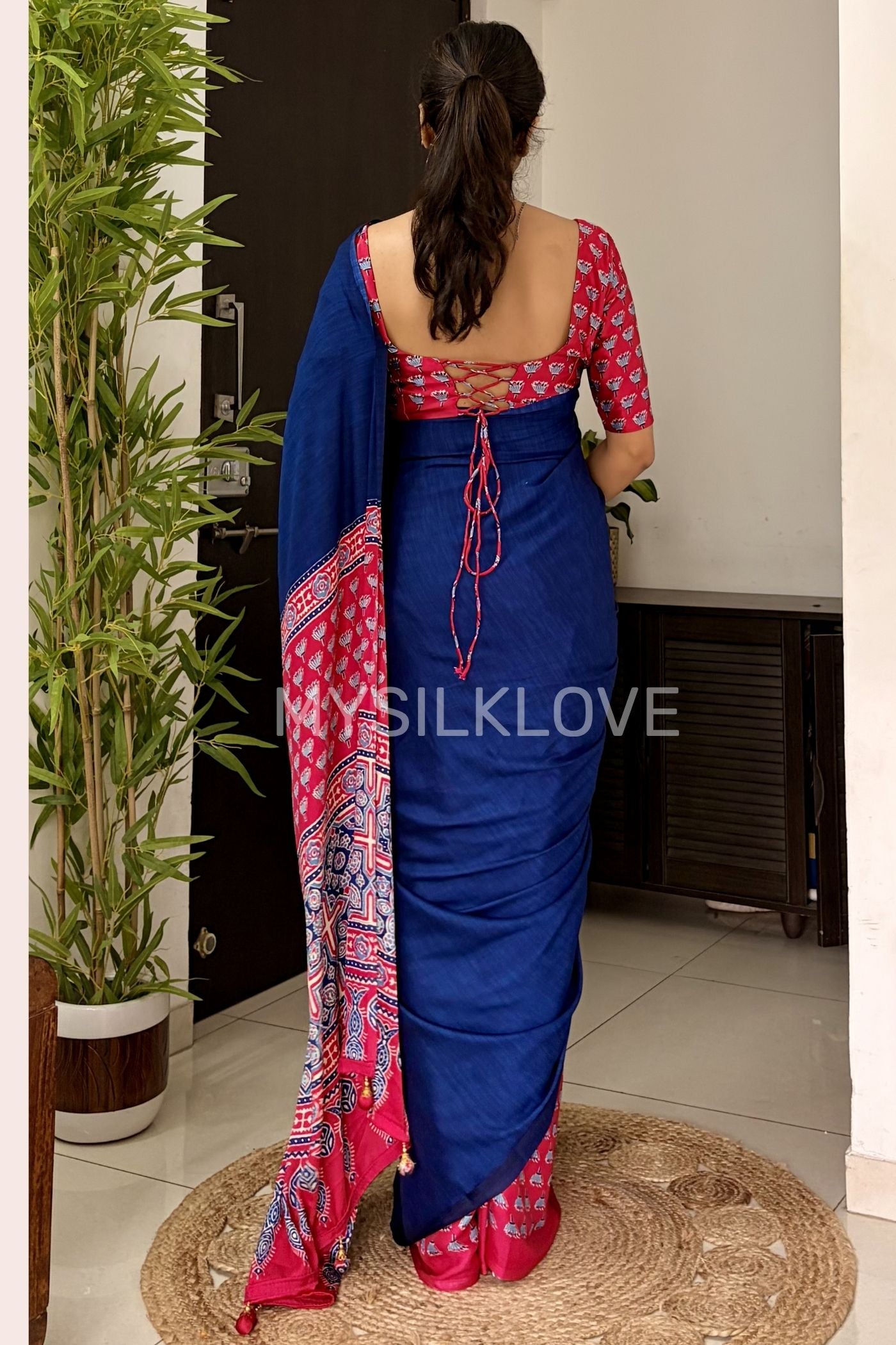 Buy MySilkLove Starlit Blue and Pink Ajrakh Printed Satin Crepe Silk Saree Online