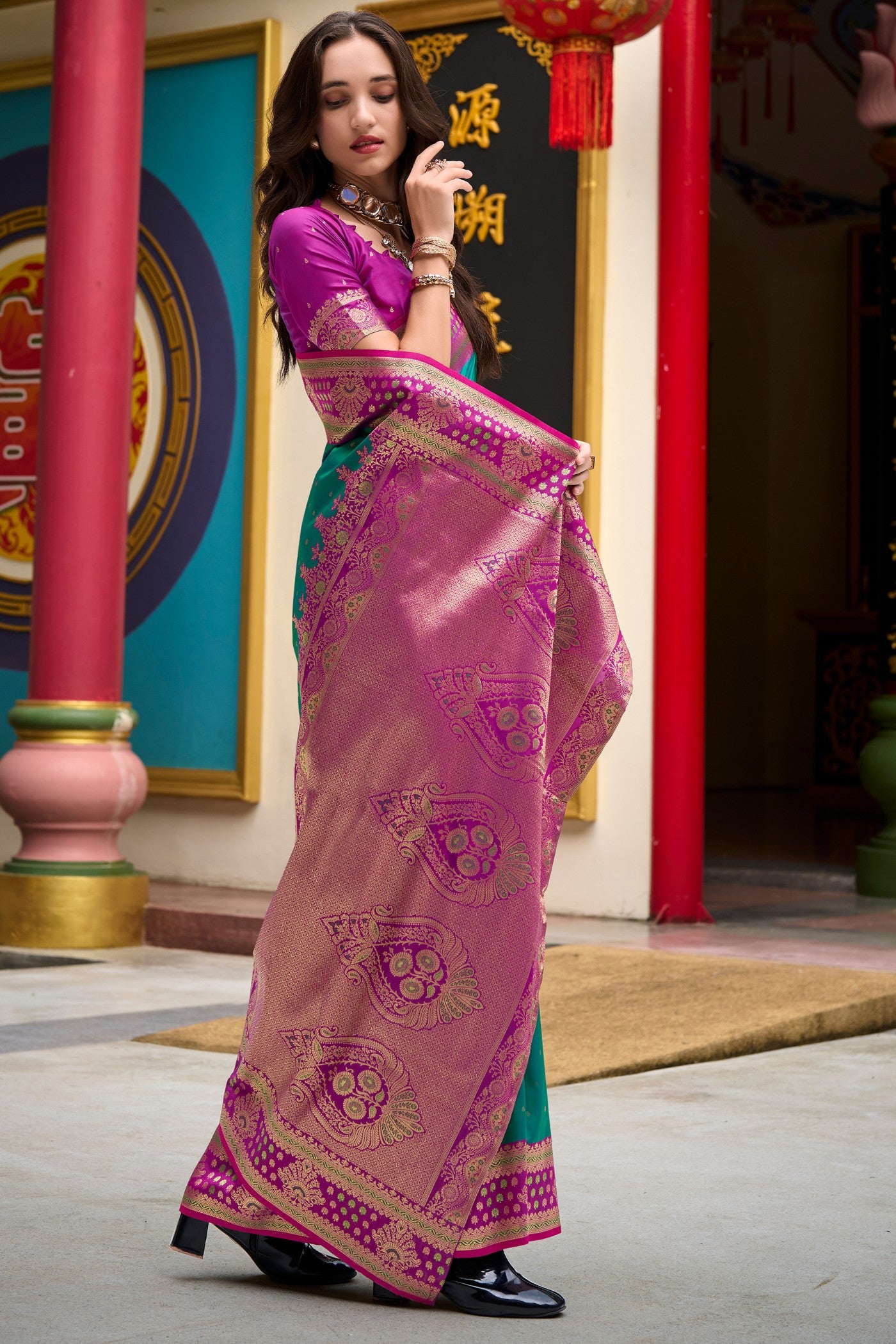 Buy MySilkLove Phthalo Green Woven Banarasi Saree Online