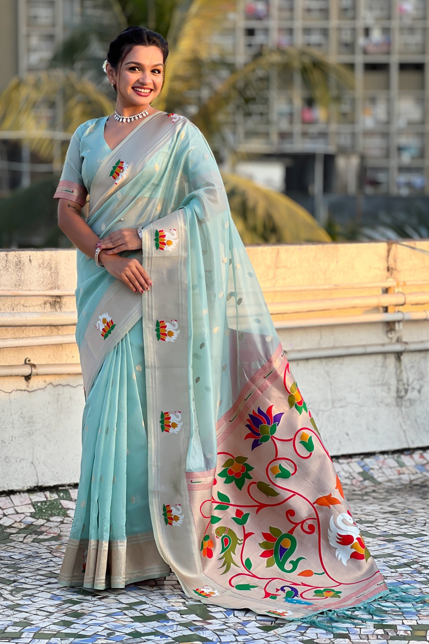 Buy MySilkLove Prussian Blue Organza Woven Paithani Saree Online