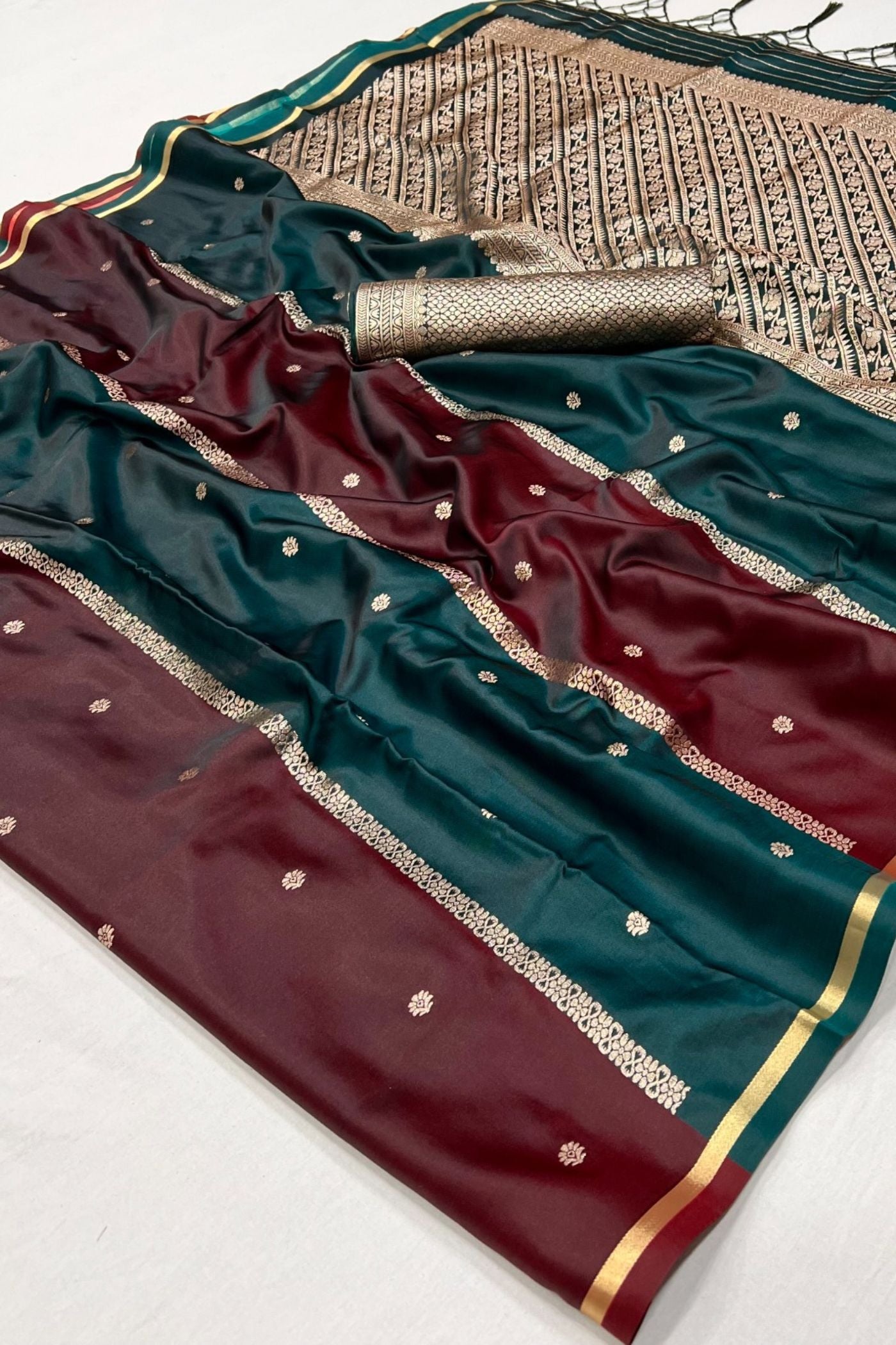 Buy MySilkLove Dark Blue Handloom Rangkat Banarasi Satin Silk Saree Online