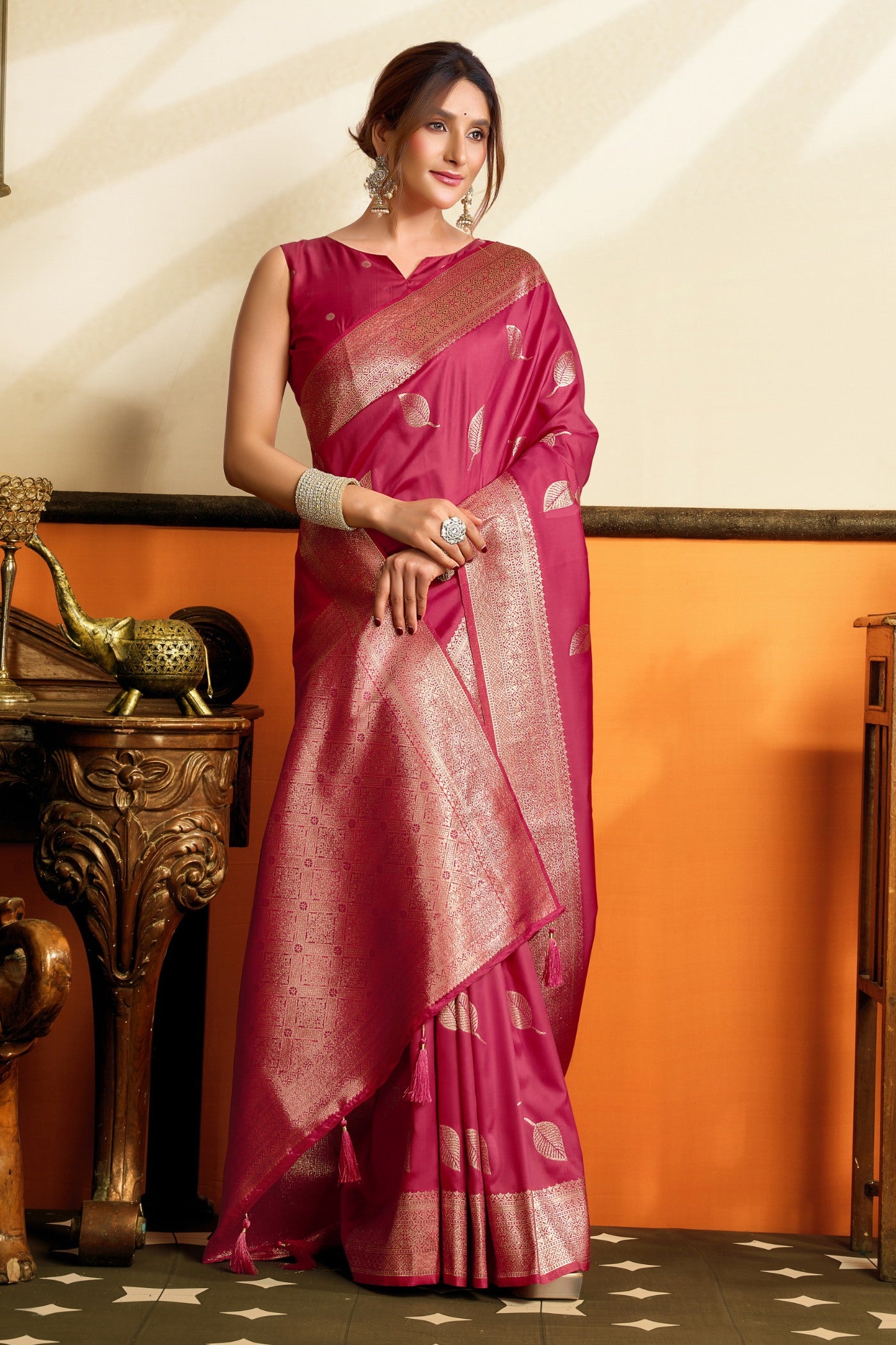Buy MySilkLove Cherry Pink Woven Banarasi Saree Online