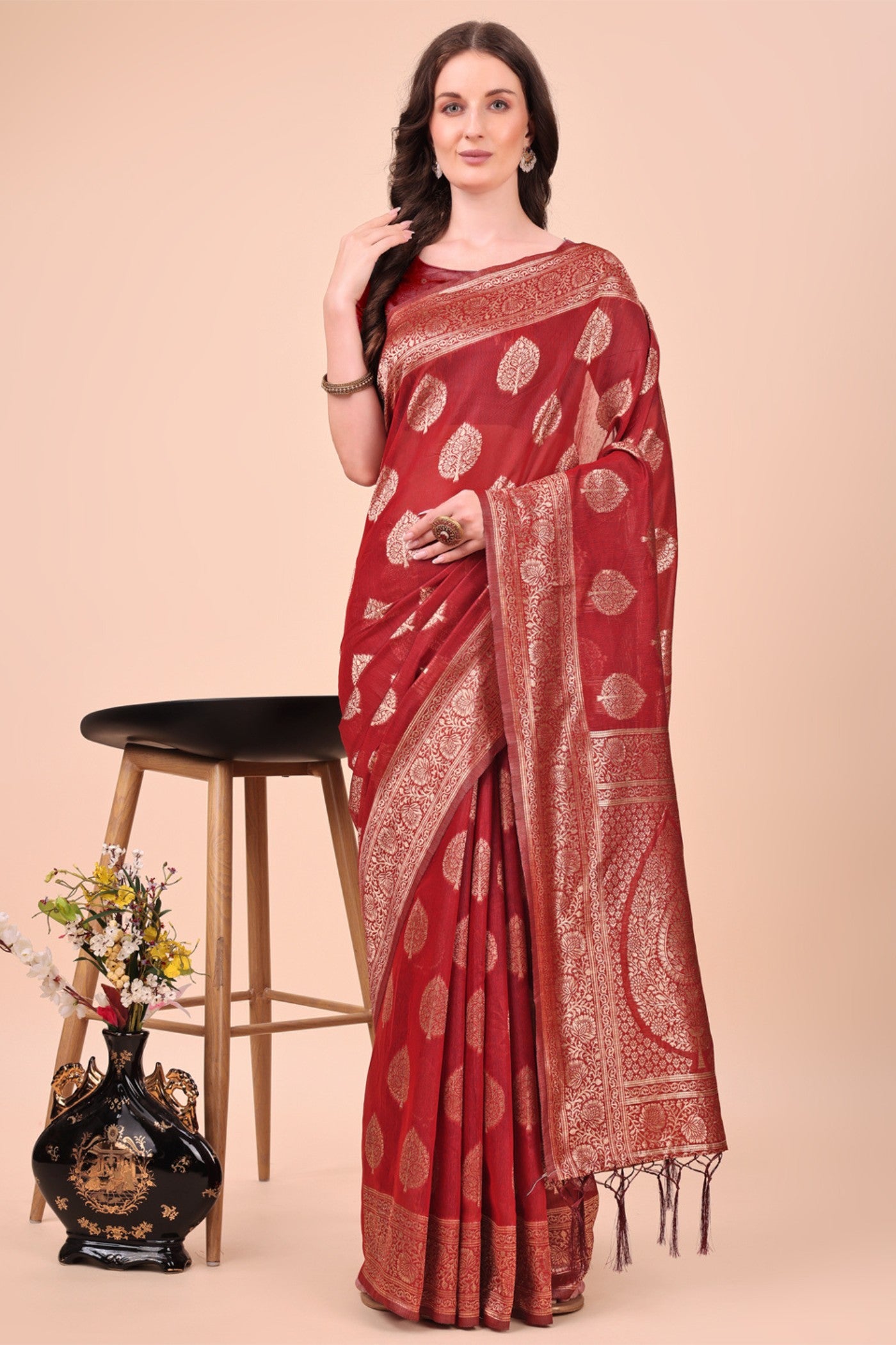 Buy MySilkLove Garnet Red Woven Cotton Saree Online
