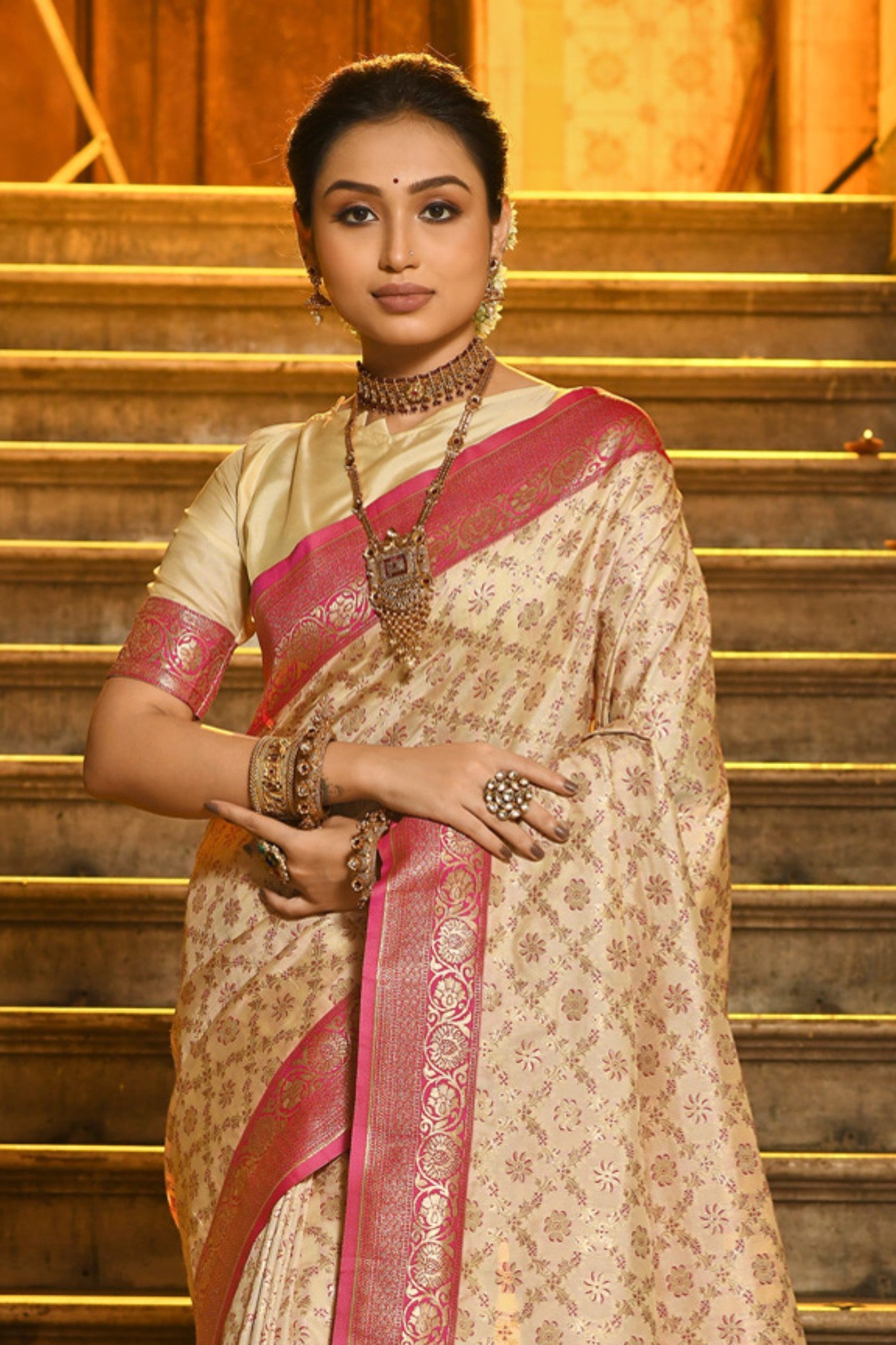 Buy MySilkLove Fawn Cream Woven Banarasi Saree Online