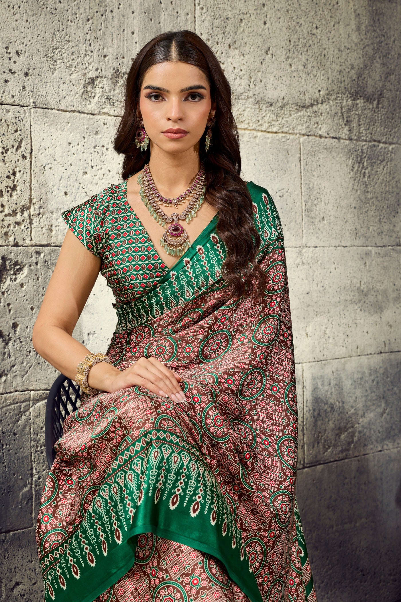 Buy MySilkLove Rust Brown and Green Modal Ajrakh Satin Printed Silk Saree Online