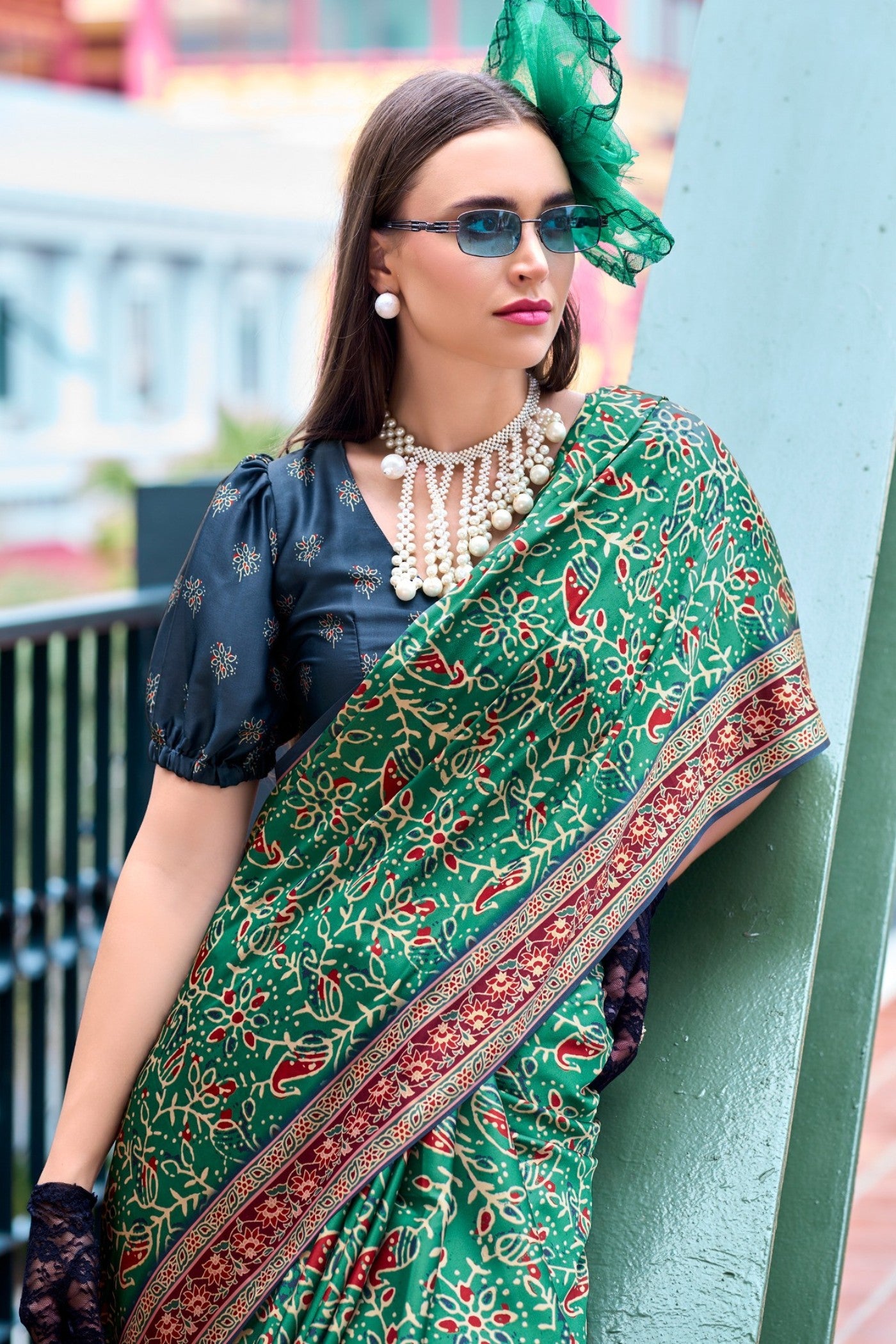 Buy MySilkLove Hunter Green Ajrakh Printed Satin Crepe Silk Saree Online