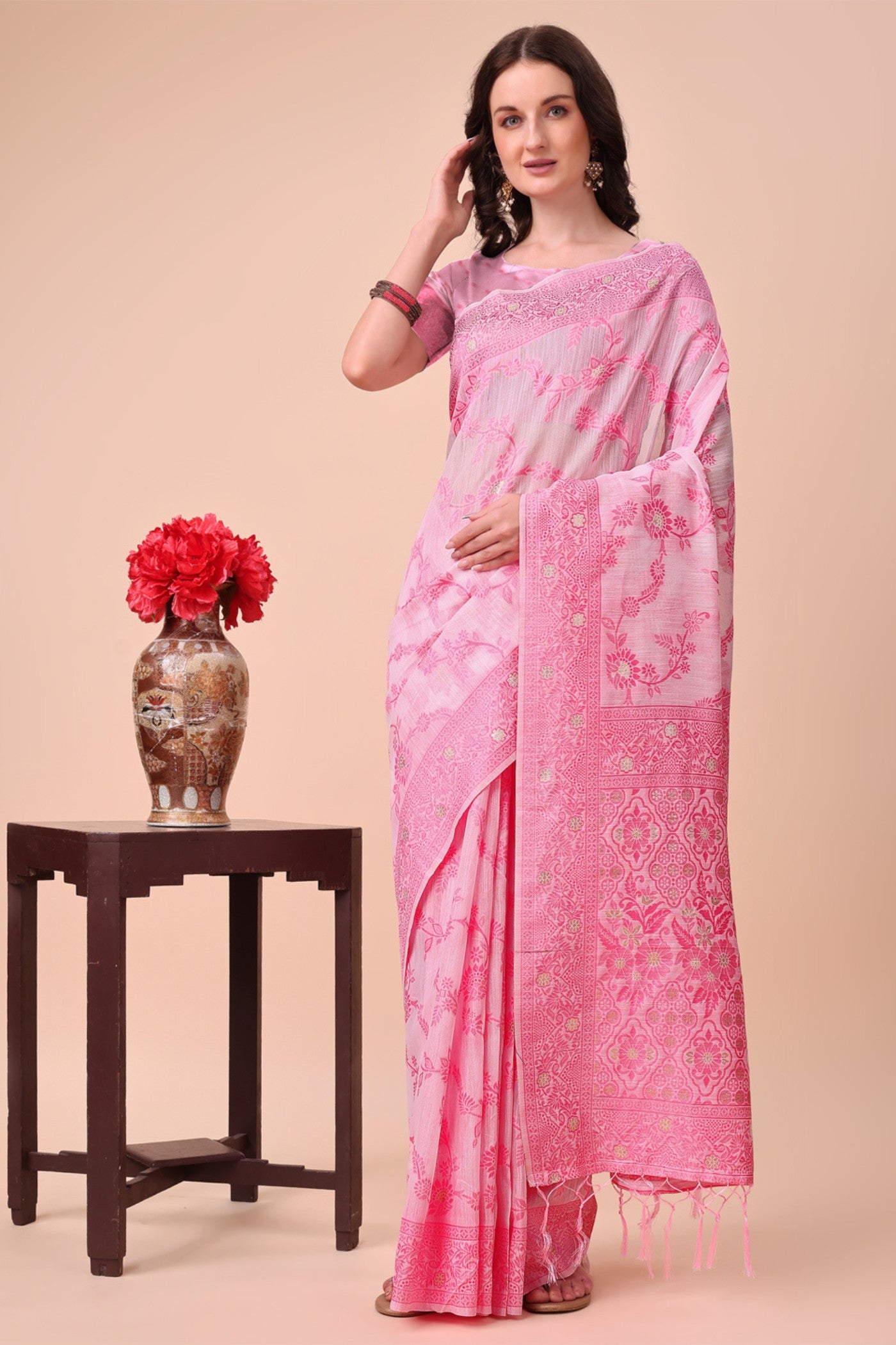 Buy MySilkLove Ballet Slipper Pink Woven Cotton Saree Online