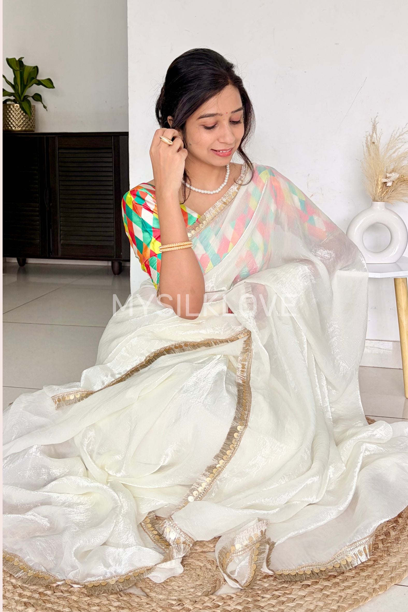 Buy MySilkLove Alabaster White Fancy Tissue Lace Saree With Printed Blouse Online