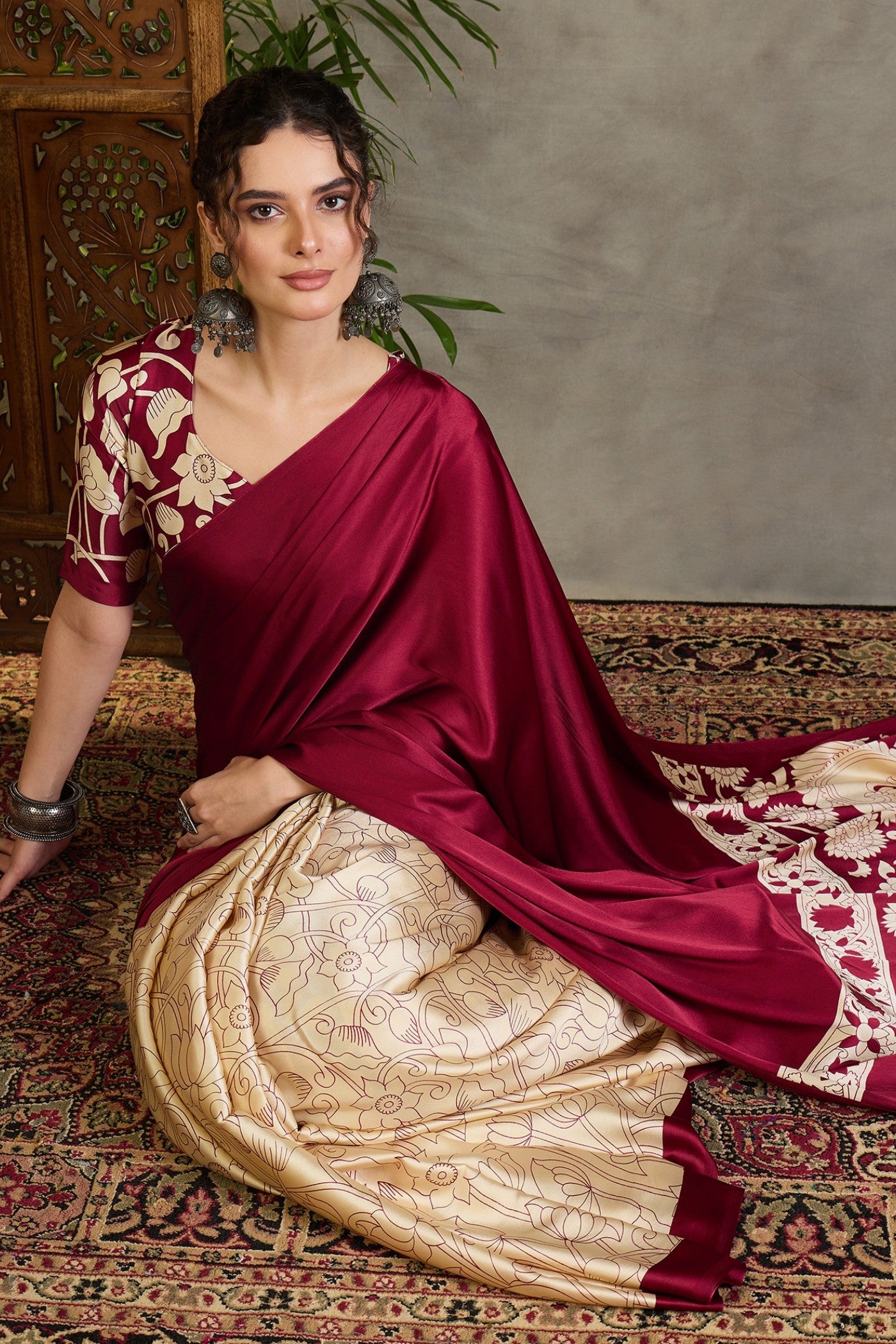 Buy MySilkLove Vintage Maroon Kalamkari Printed Satin Silk Saree Online