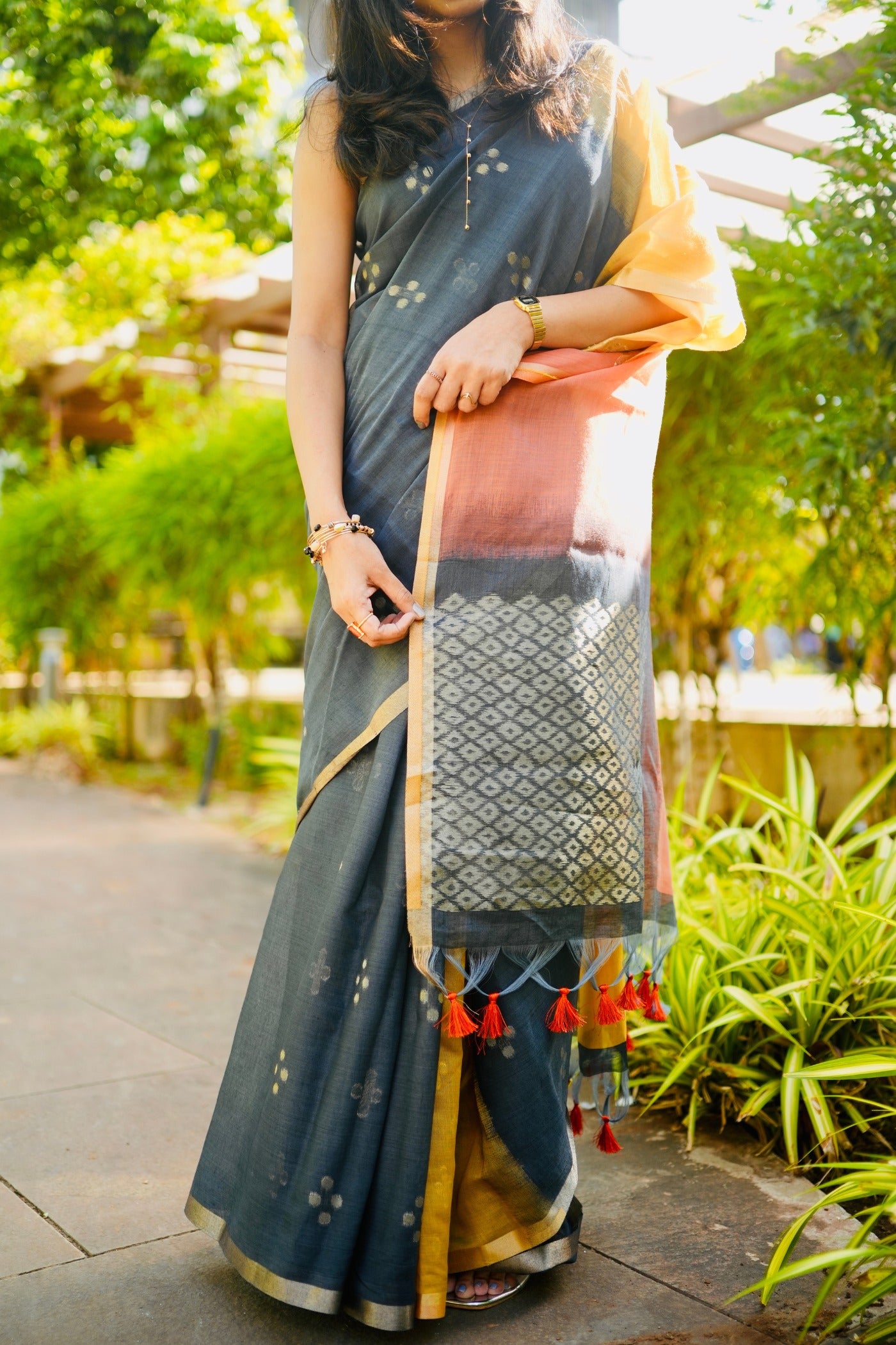 MySilkLove Ink Black and Yellow Handloom Cotton Saree