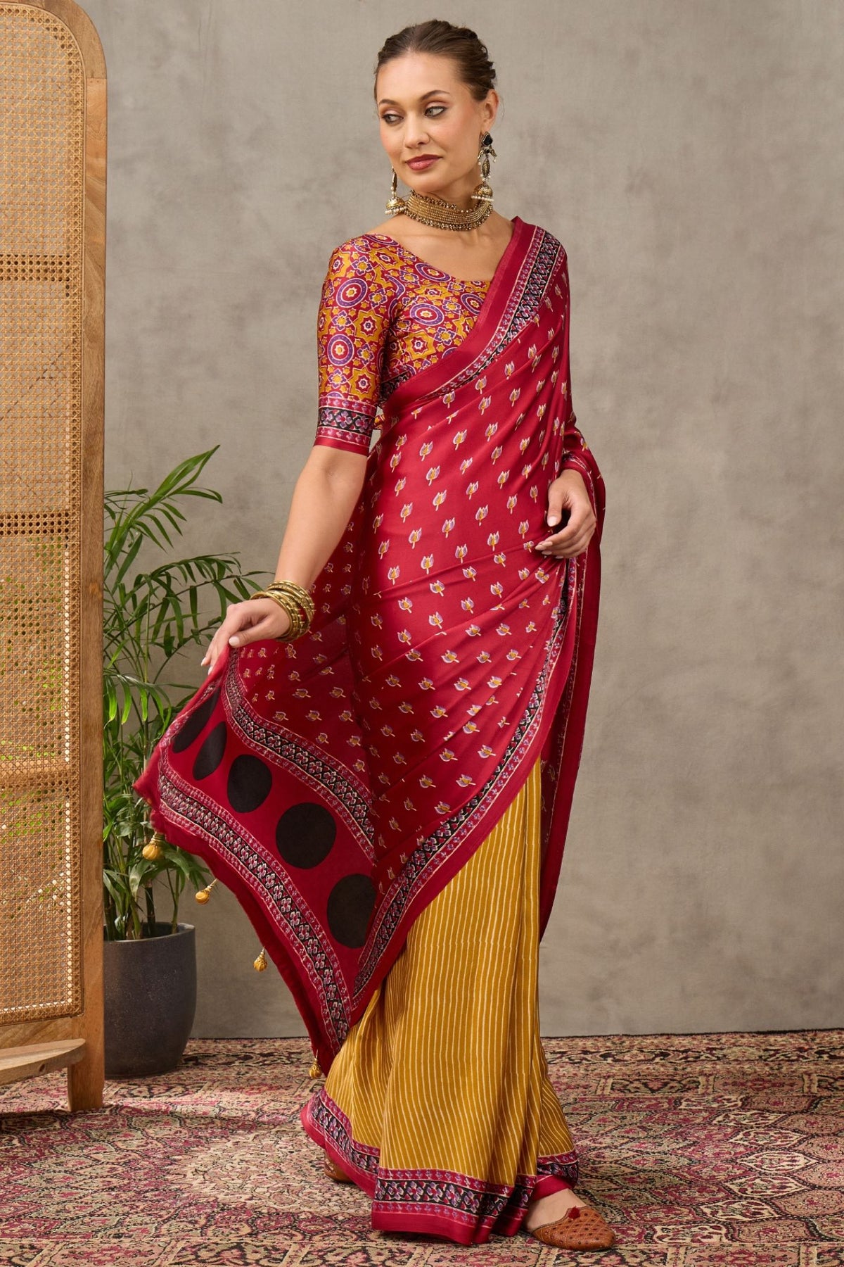 MySilkLove Scarlet Red and Yellow Modal Satin Printed Silk Saree