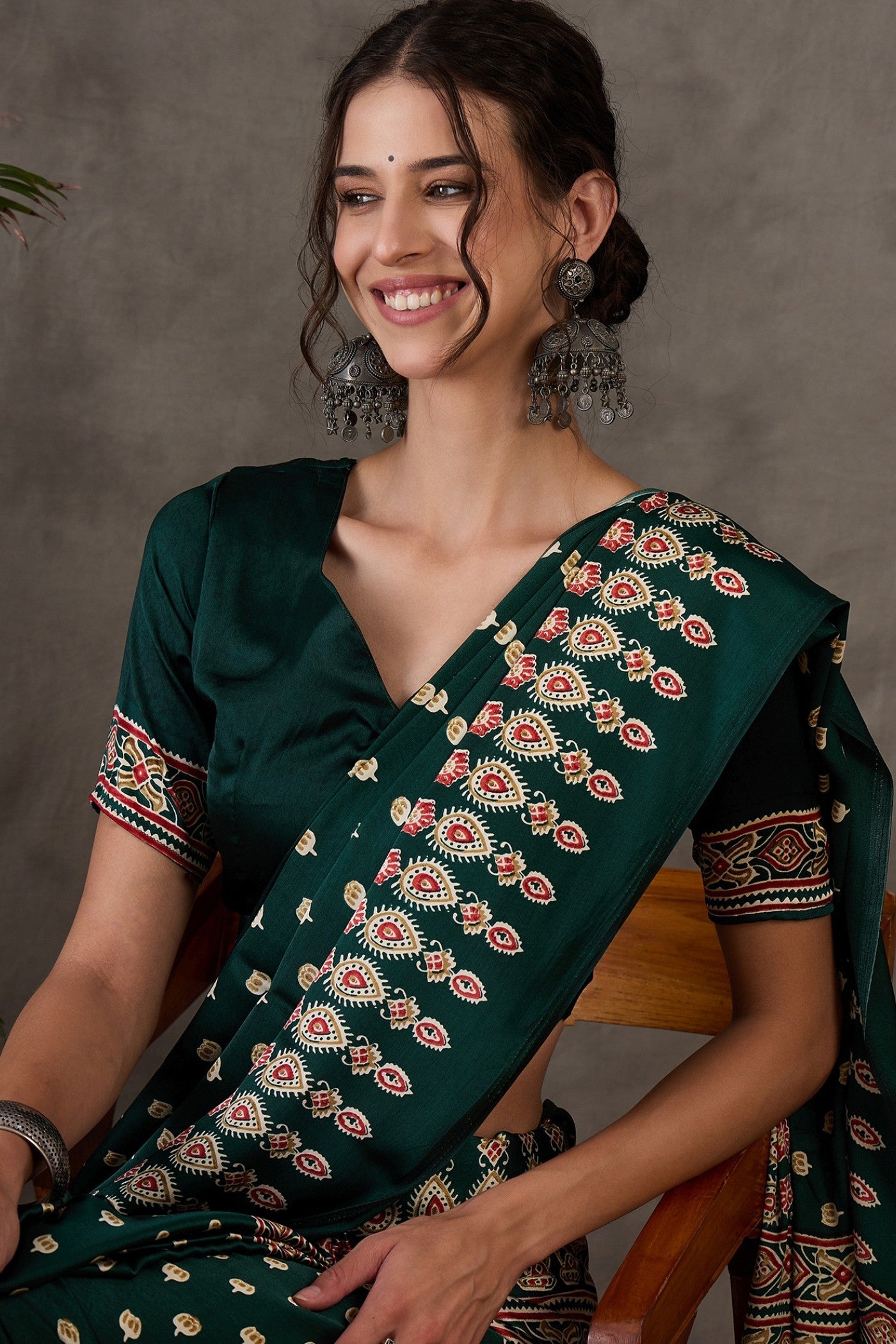 Buy MySilkLove Hunter Green Printed Satin Gaji Silk Saree Online