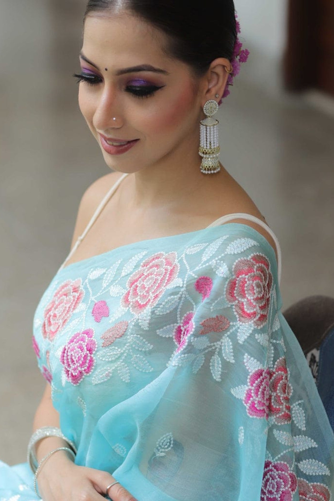 Buy MySilkLove Sky Blue Organza Partywar Saree Online