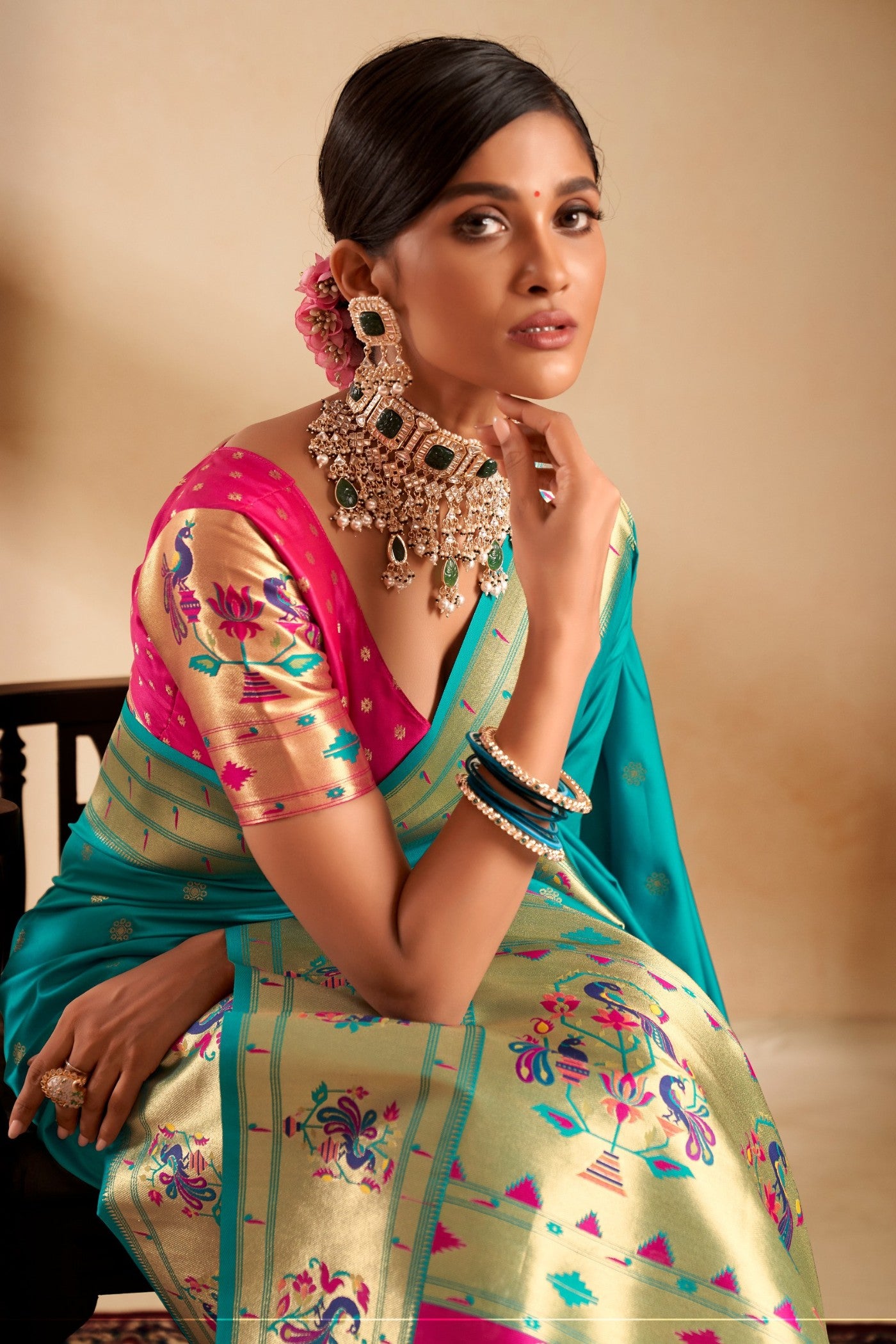 Buy MySilkLove Ball Blue Woven Paithani Saree Online