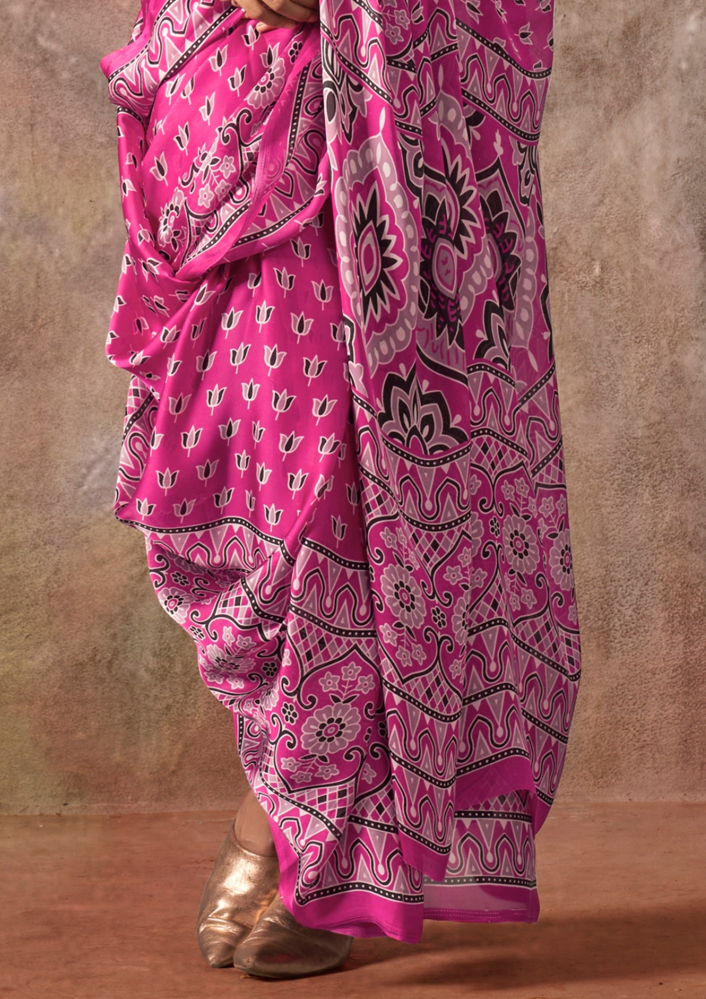 Buy MySilkLove Deep Pink Ajrakh Printed Satin Georgette Silk Saree Online