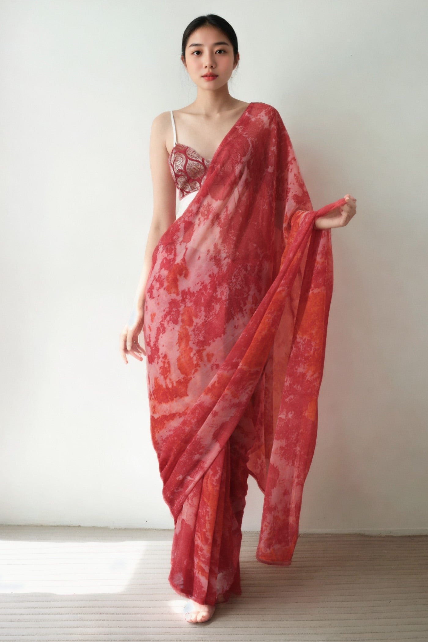 Buy MySilkLove Rose Red Marbel Chiffon Ready To Wear Saree Online