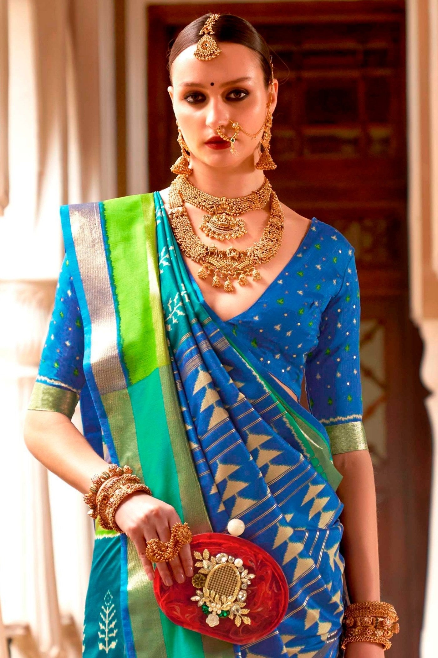 Buy MySilkLove Charm Blue and Green Printed Patola Saree Online