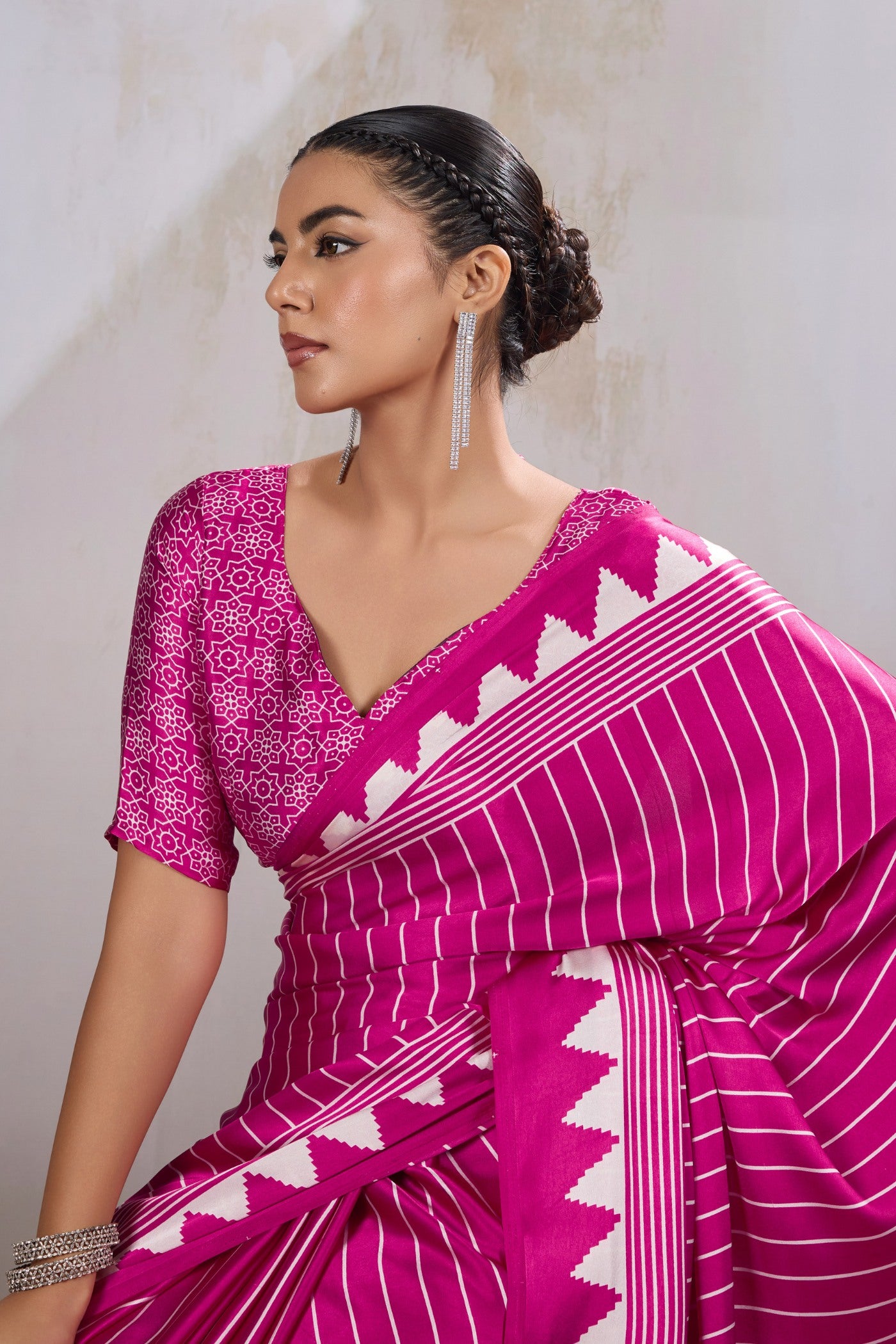 MySilkLove Baby Pink Ajrakh Printed Satin Crepe Silk Saree