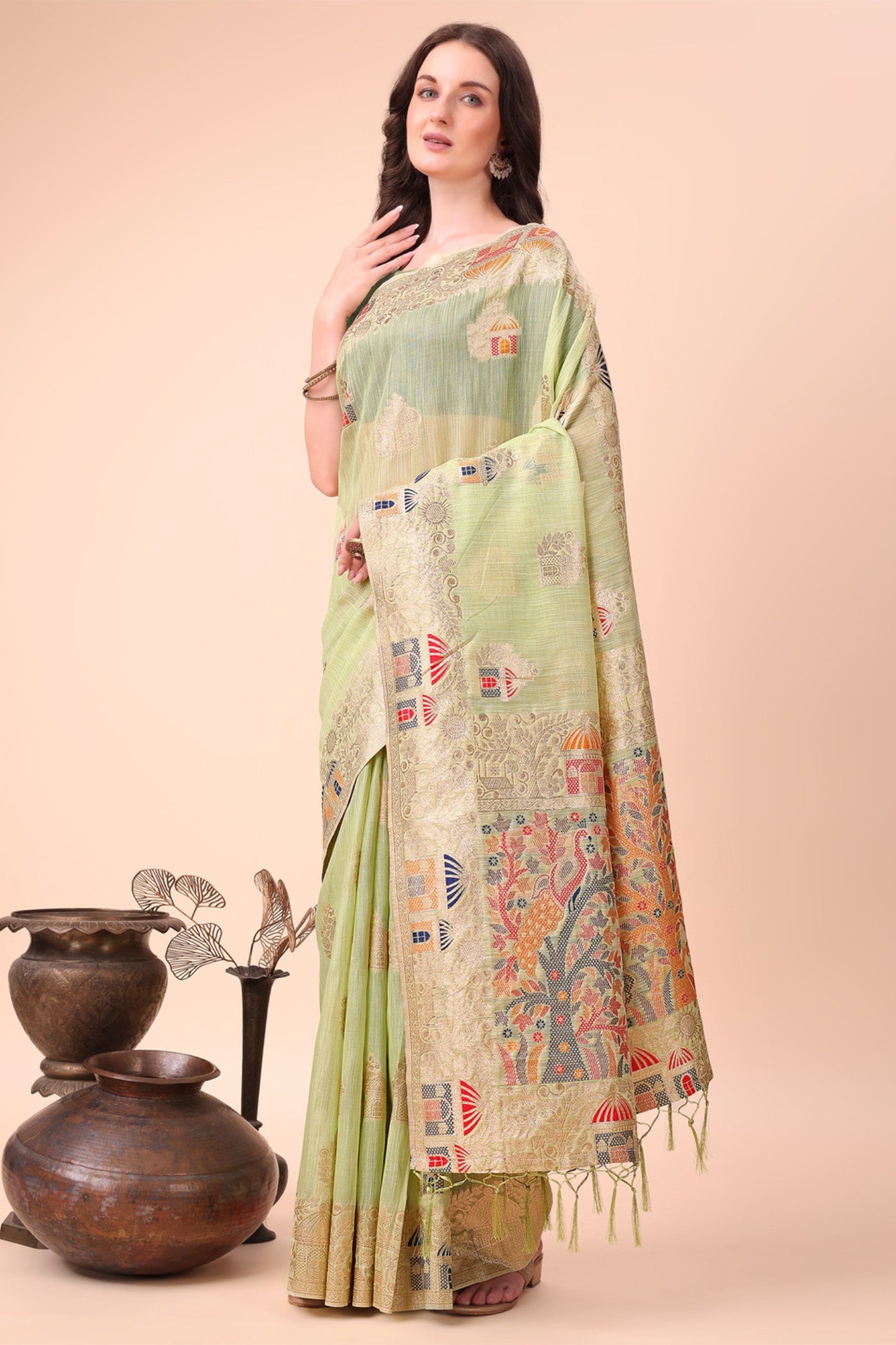 Buy MySilkLove Apple Green Linen Cotton Saree Online