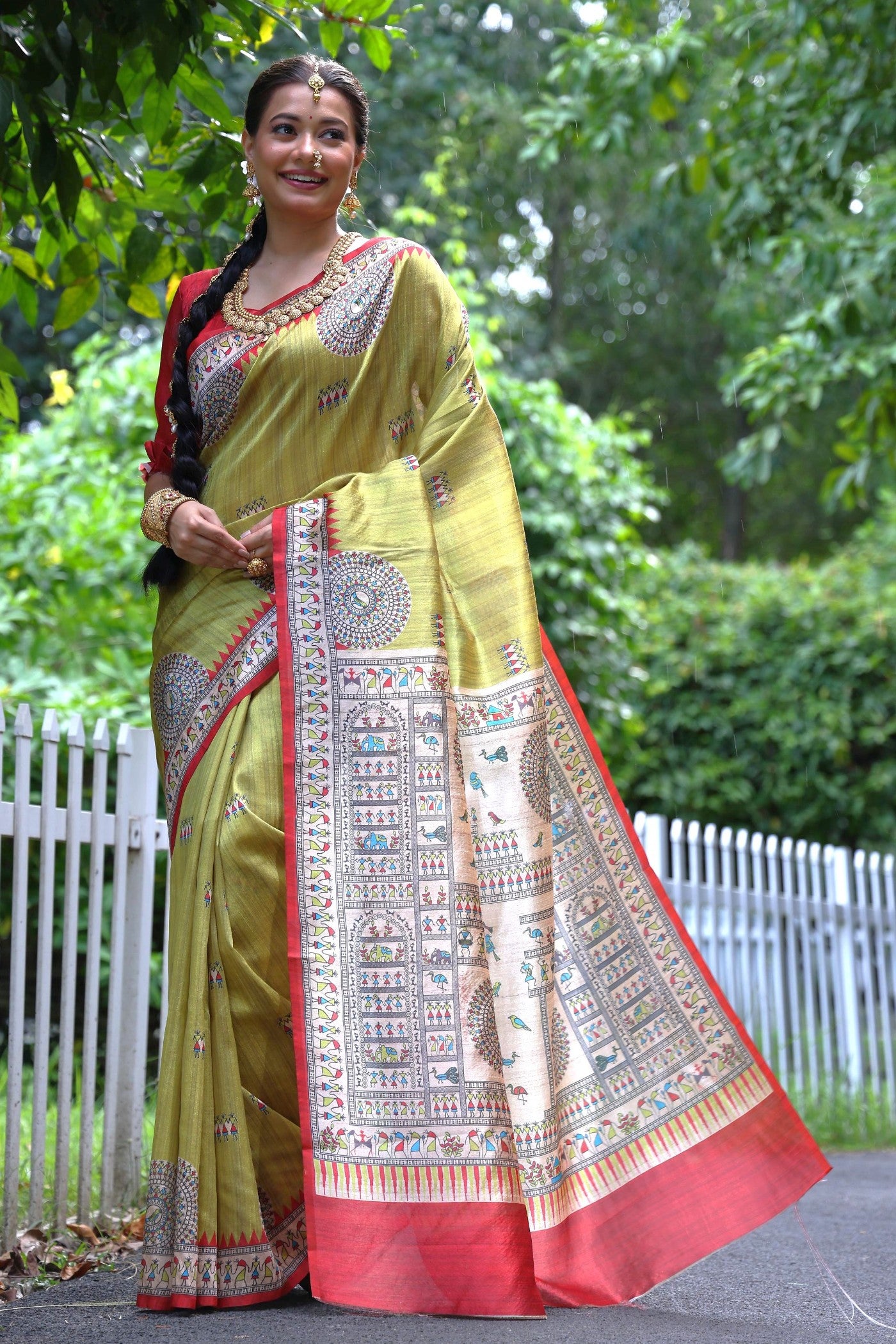 Buy MySilkLove Light Green Madhubani Tussar Printed Silk Saree Online
