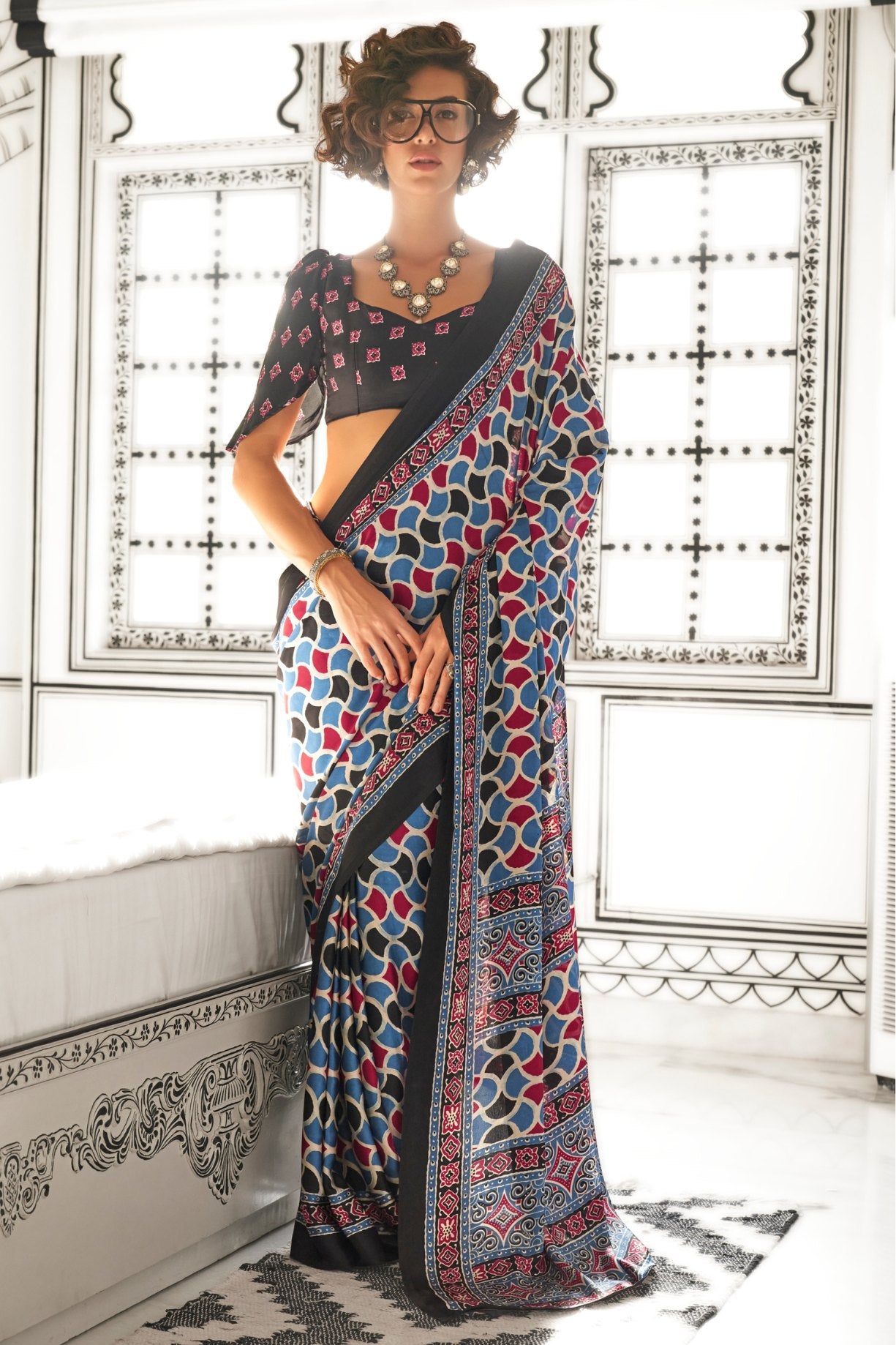 Buy MySilkLove Bismark Blue and Black Printed Ajrakh Satin Crepe Saree Online